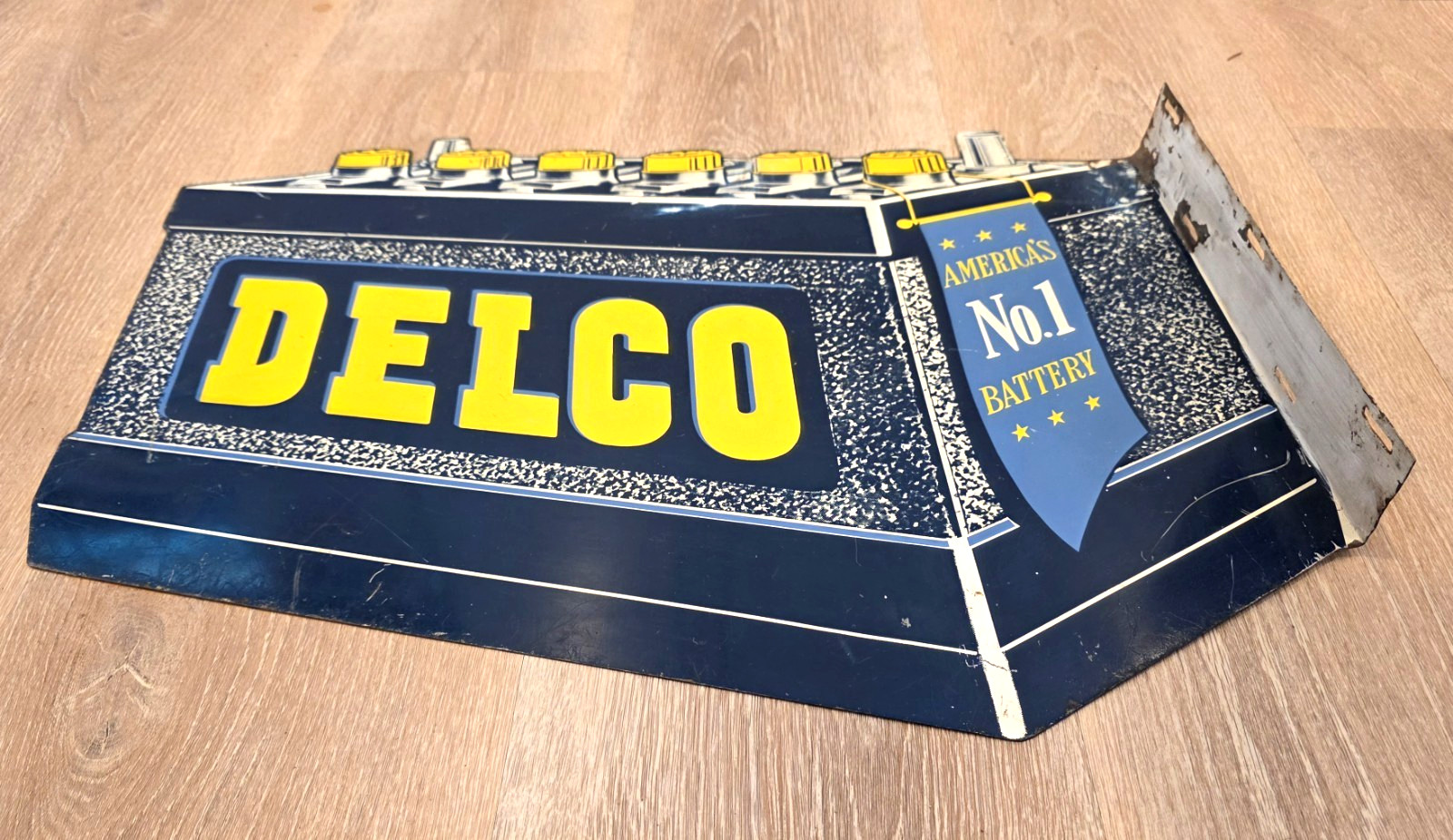 Rare vintage DELCO ** America's No. 1 BATTERY ** FLANGE SIGN - 6 volt gas oil