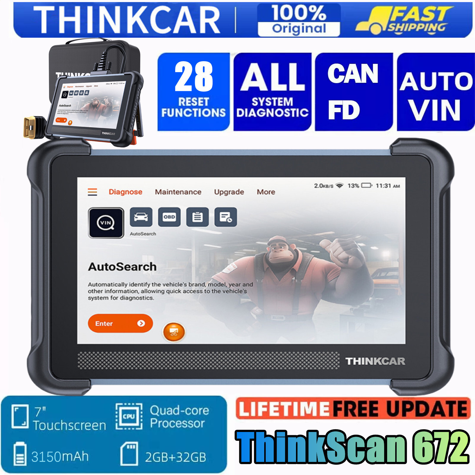 🏆2024 THIINKCAR ThinkScan 672 Pro Auto Diagnostic Tool Full System Active Test