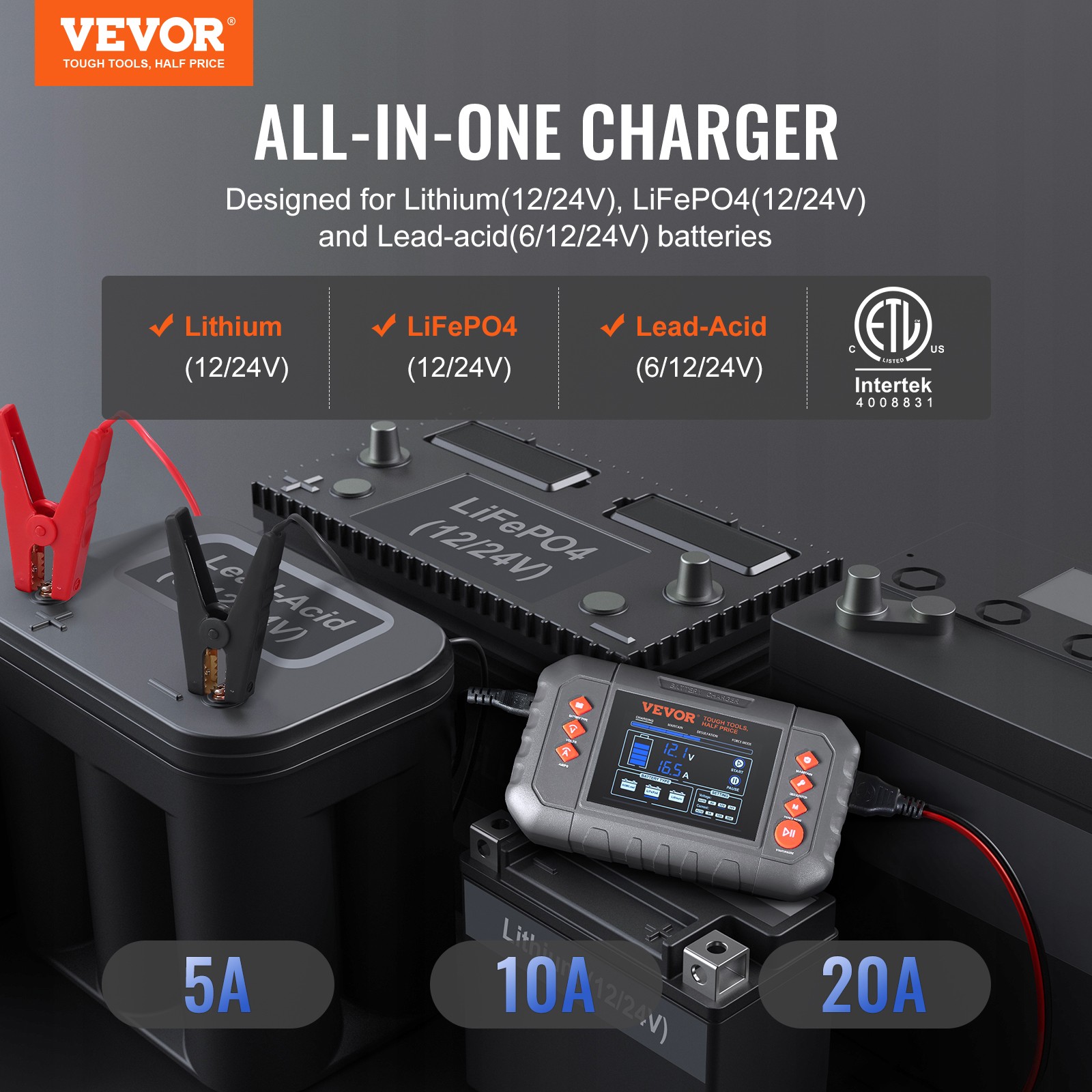 VEVOR Smart Battery Charger 20A Lithium LiFePO4 Lead-Acid Car Battery Charger