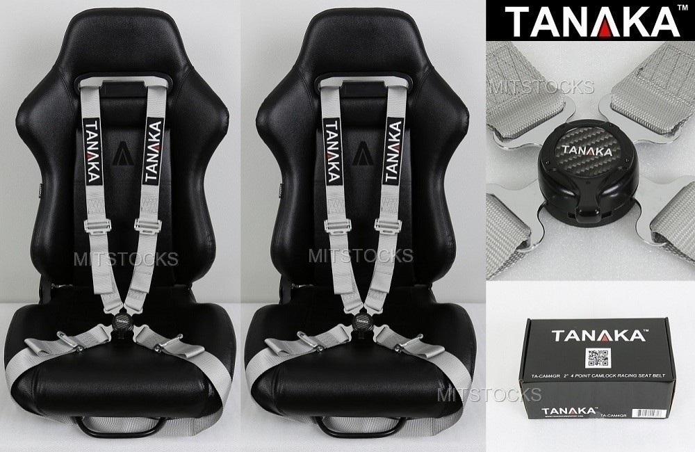 2X TANAKA UNIVERSAL GRAY 4 POINT CAMLOCK QUICK RELEASE RACING SEAT BELT HARNESS