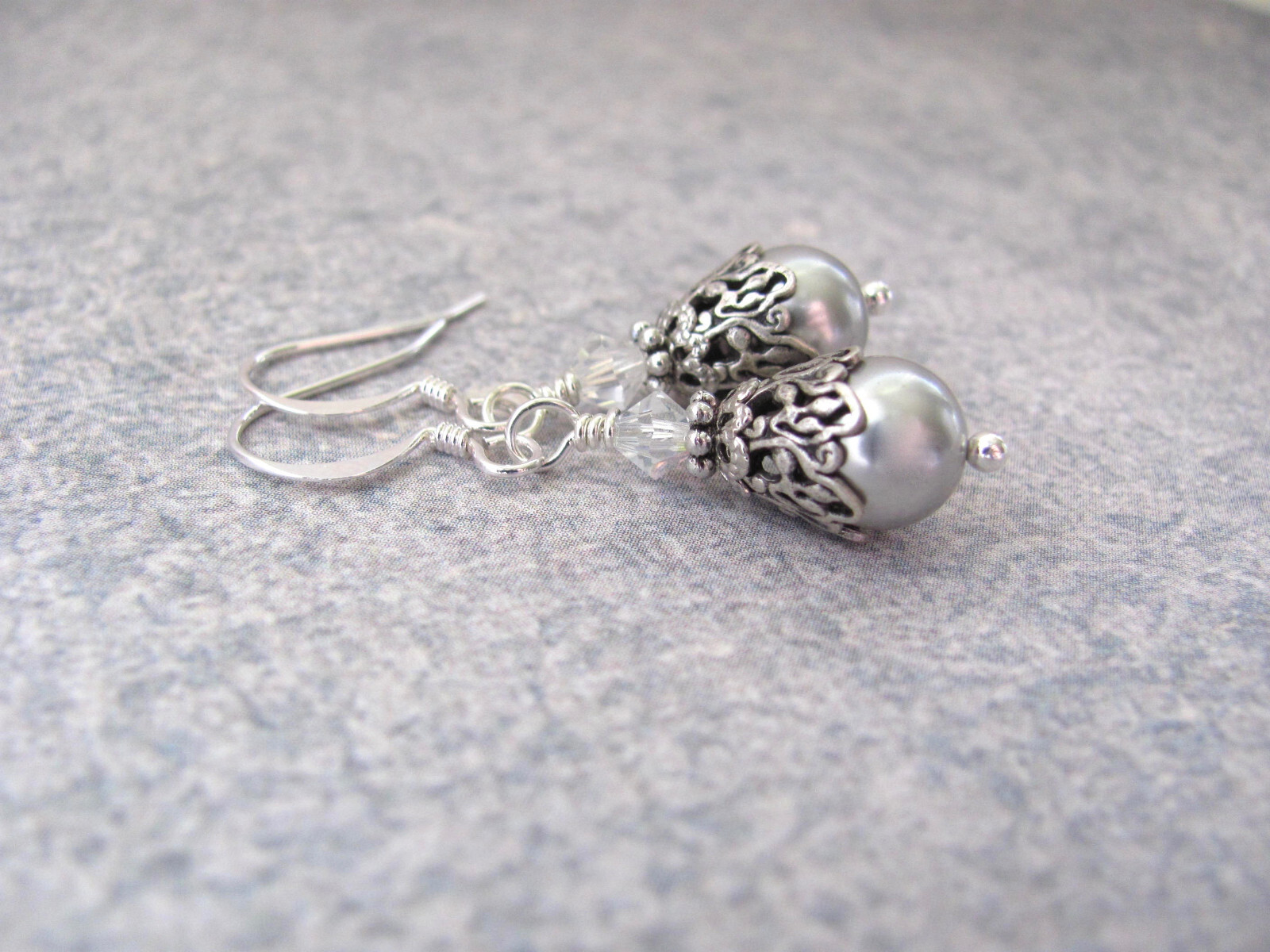 Silver Gray Crystal Pearl Earrings Birthday Wedding Gift Birthday Holiday Party