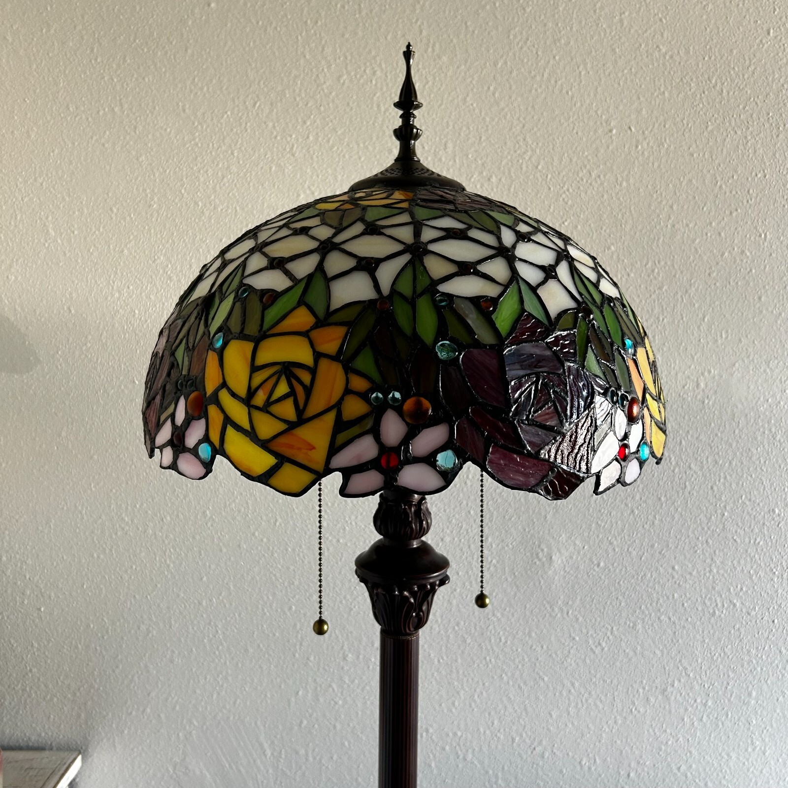 Tiffany Style Floor Lamp Stained Glass Rose Flower Metal Base LED Bulbs 64"H16"W