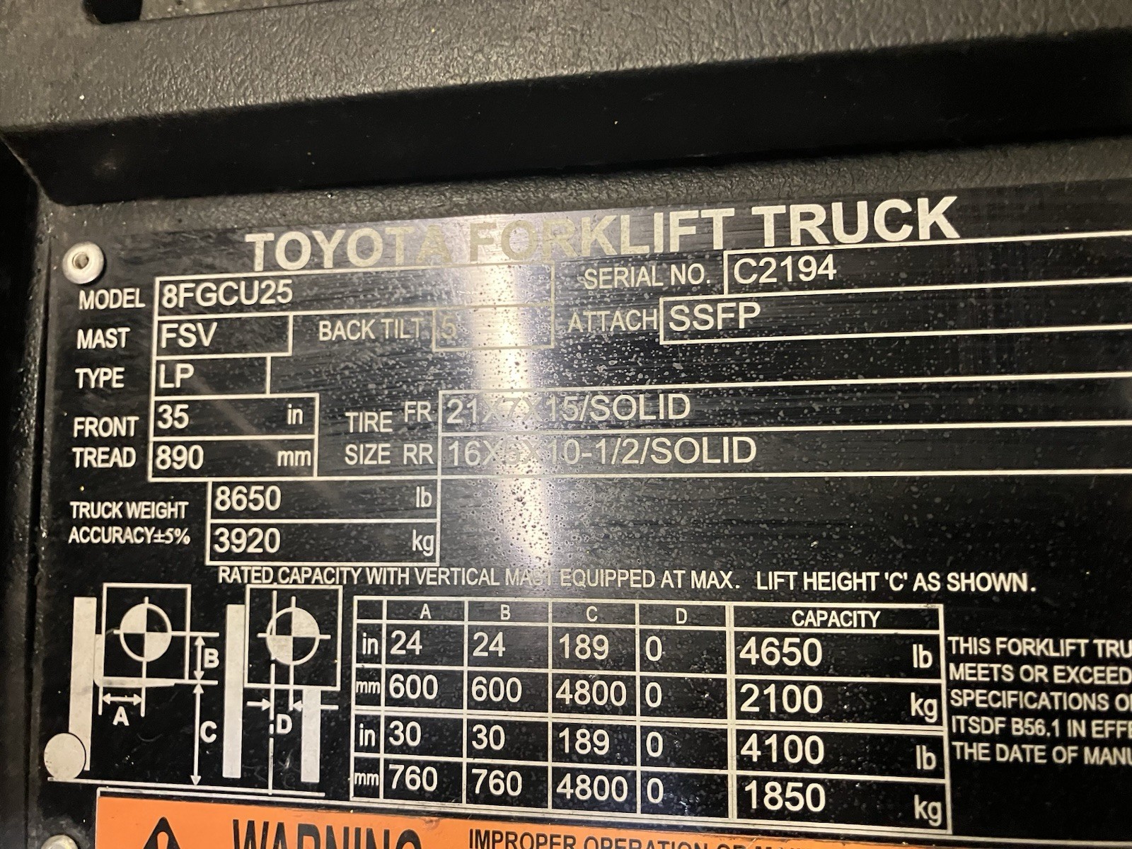2021 Toyota 5000 LB Forklift With SS and Triple Mast