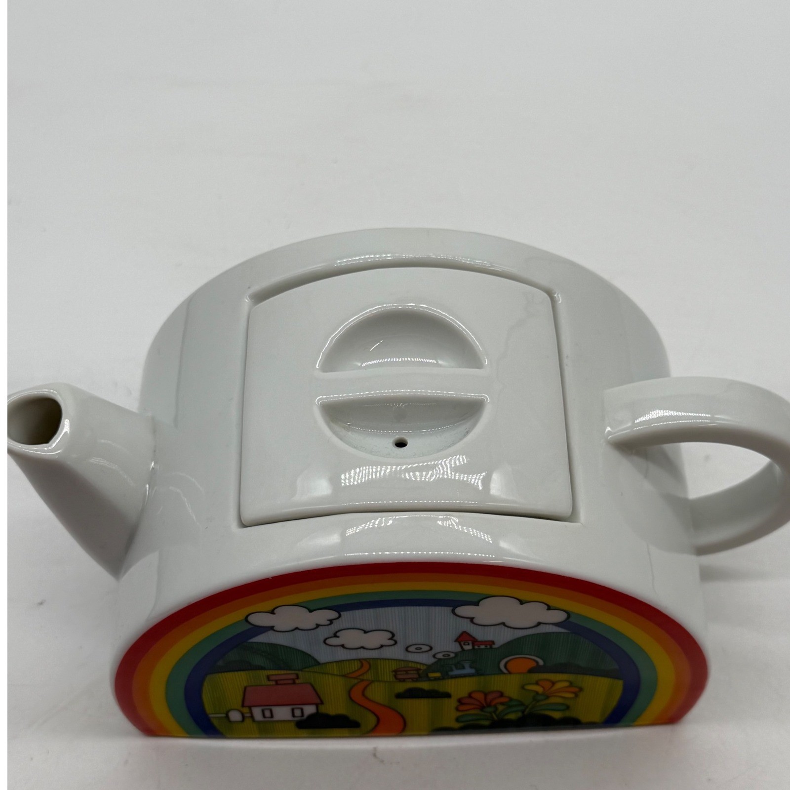 Vtg 80s Rainbow Landscape Ceramic Teapot Semi Circle Pop Art Novelty Kitsch