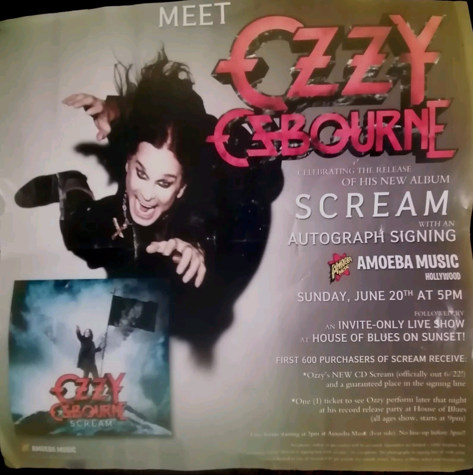 OZZY OSBOURNE IN STORE "SCREAM" CD (COVER ONLY) w/ POSTER back to the beginning