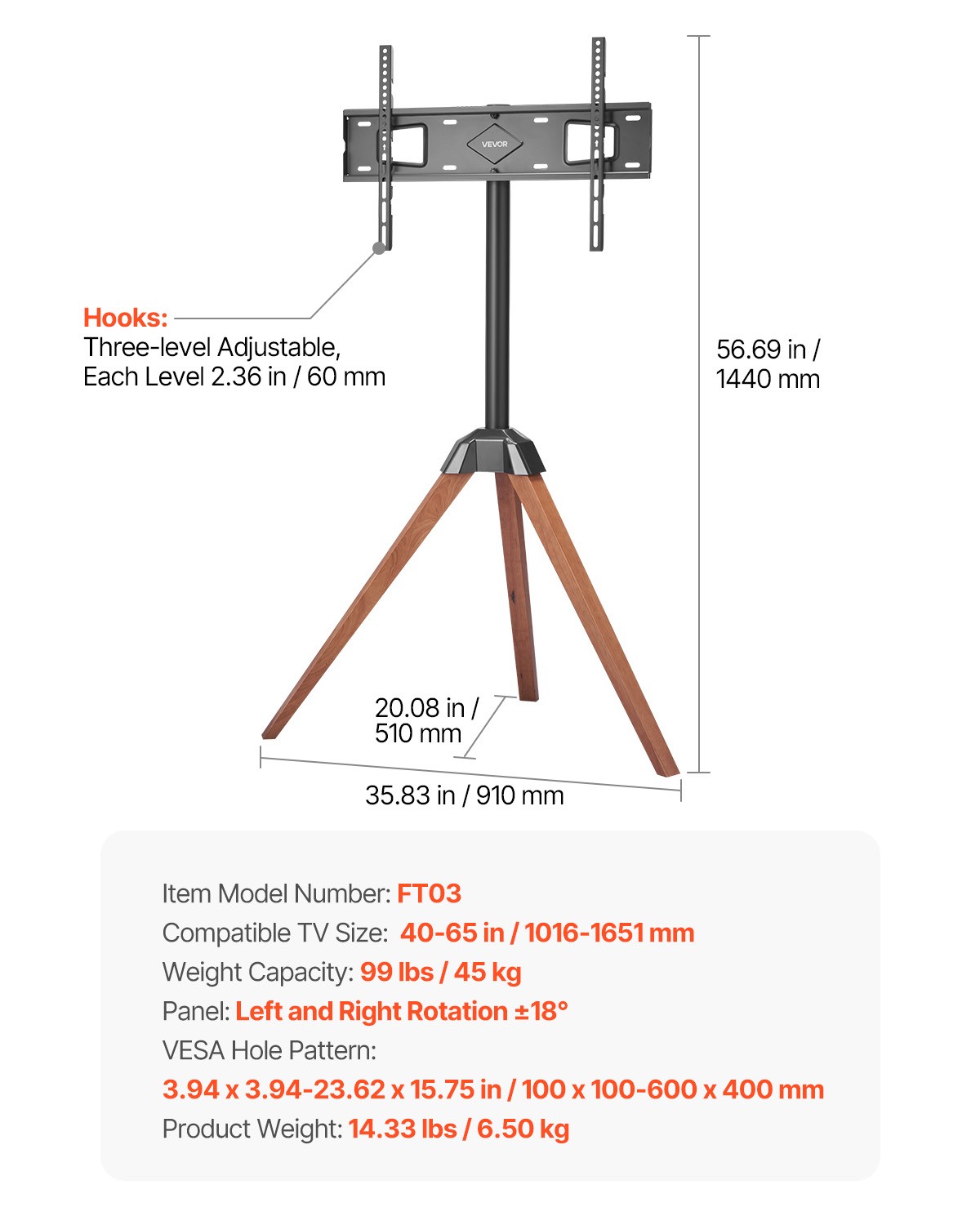 VEVOR Tripod Easel TV Stand Wood Legs Holds up to 99 lbs for 40-65 Inch Screens