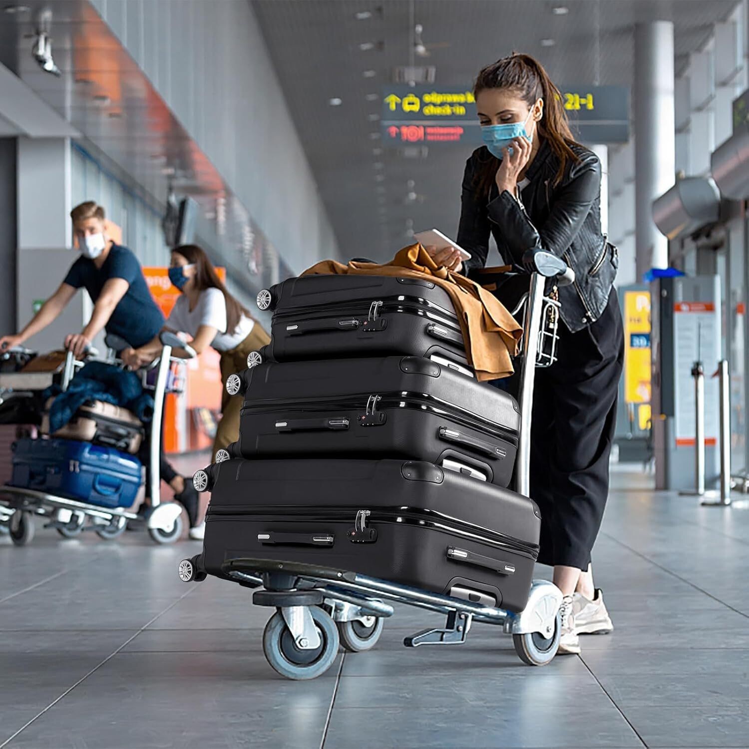 3-Piece Hardshell Luggage Sets with Spinner Wheels TSA Lock Black (20"/24"/28")