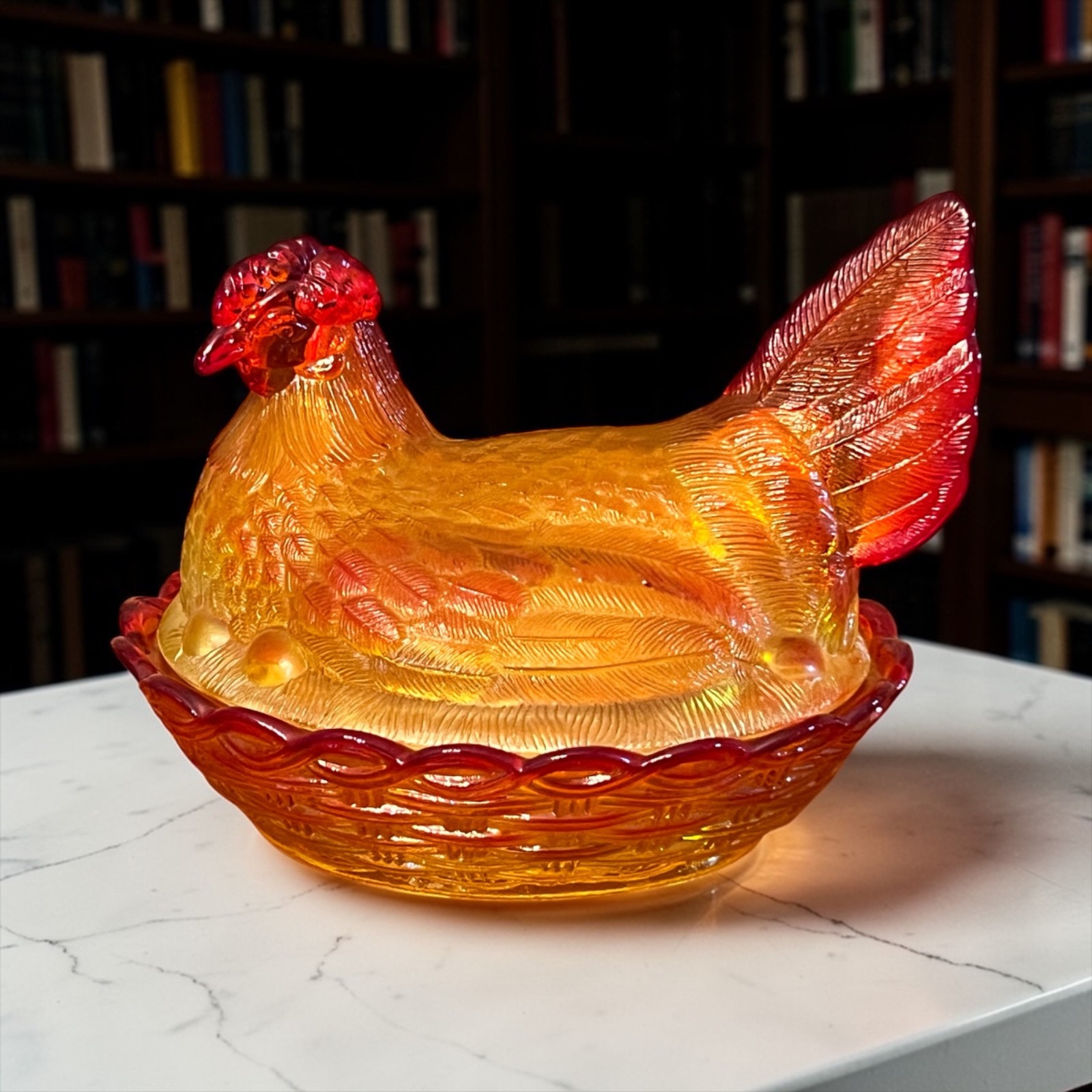 RARE! LG Wright XL Amberina Glass Hen On Nest 7 1/2" MINT!