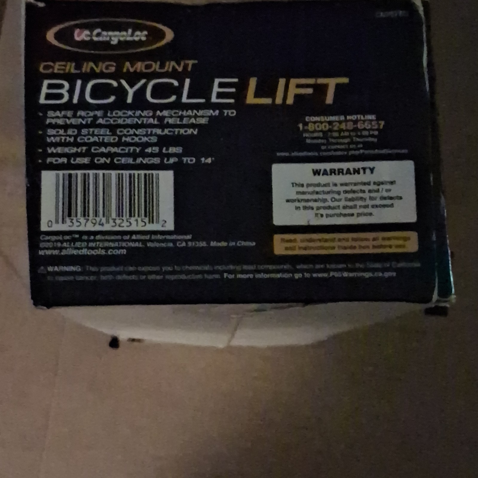 CargoLoc Ceiling Mount Bike Hoist 32515 Steel Black 45 lbs 1 Bike Capacity