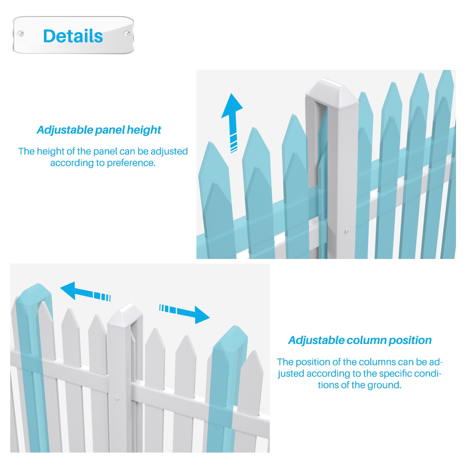 84''Wx 30''H Vinyl Picket Fence Garden Fence Panels w/20 Pickets for Soft Ground