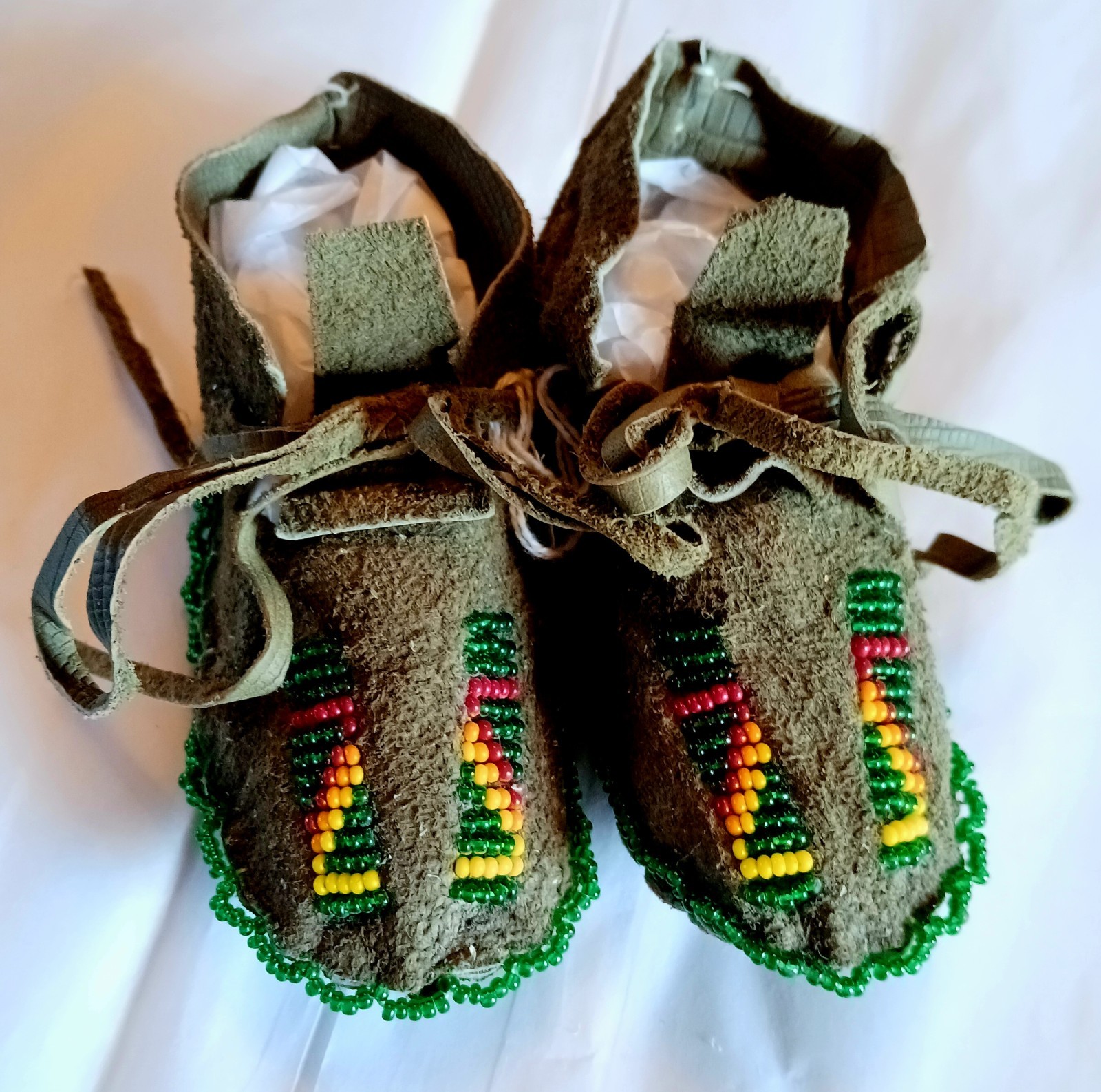 Vintage New Kiowa Green Beaded Baby Moccasins by Maureen Zotigh
