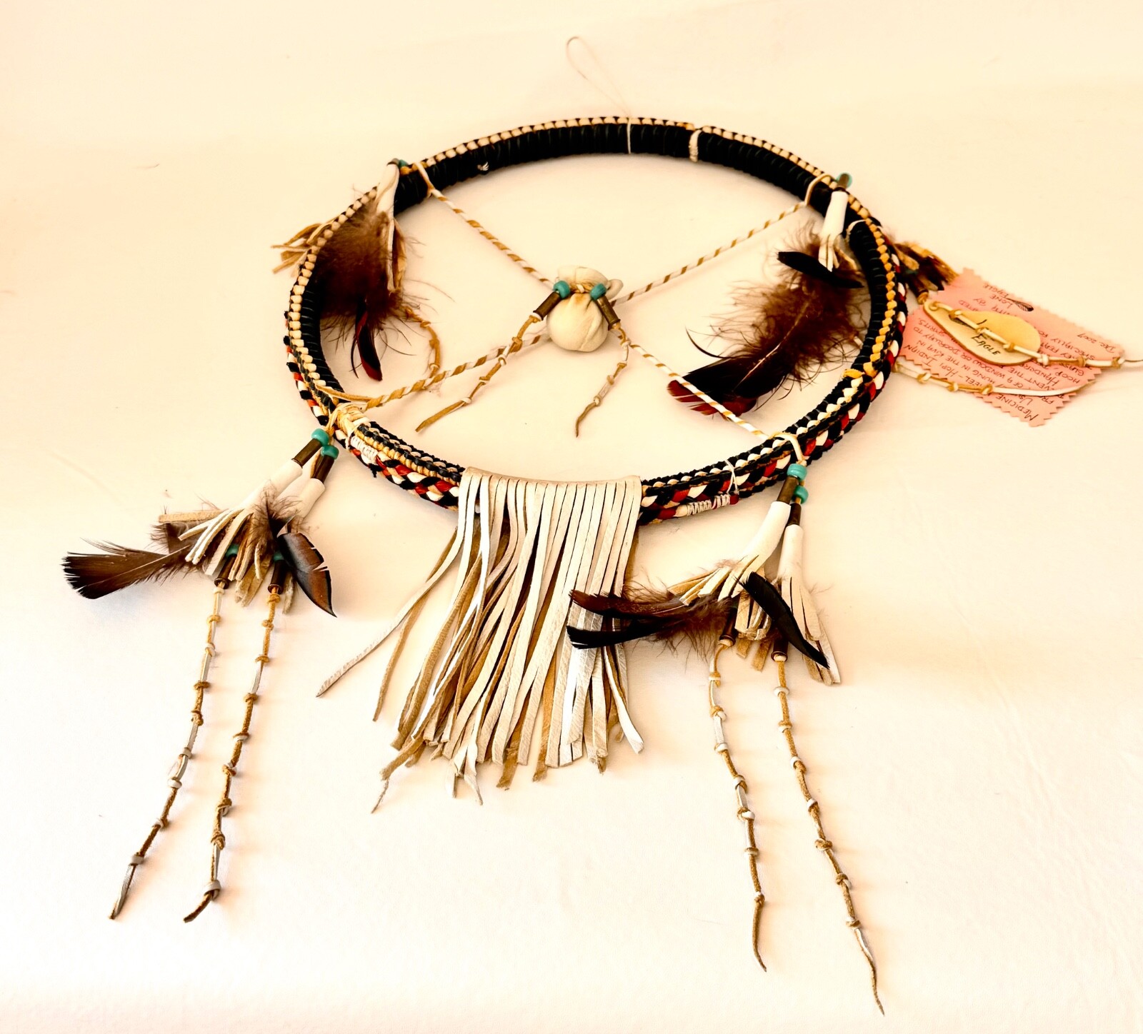 Medicine Wheel-Hopi Artist Lone Eagle Wall Art Braided Leather Wood Hoop Signed