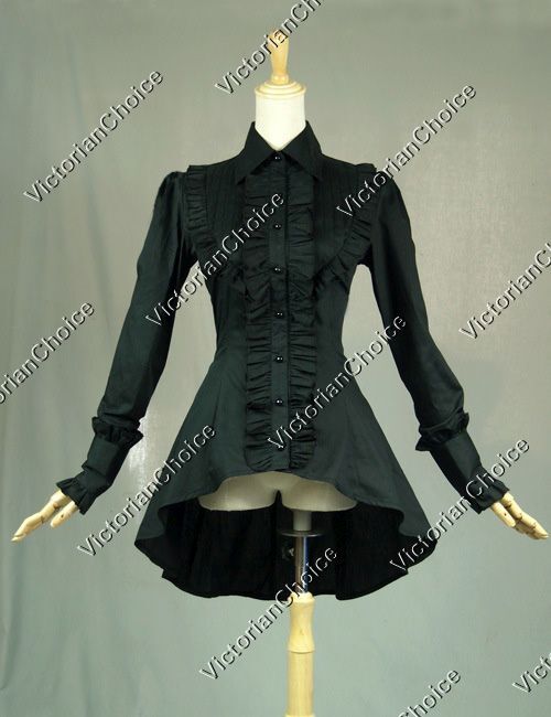 Victorian Gothic Women Black Cotton Blouse Shirt Witch Halloween Costume B007