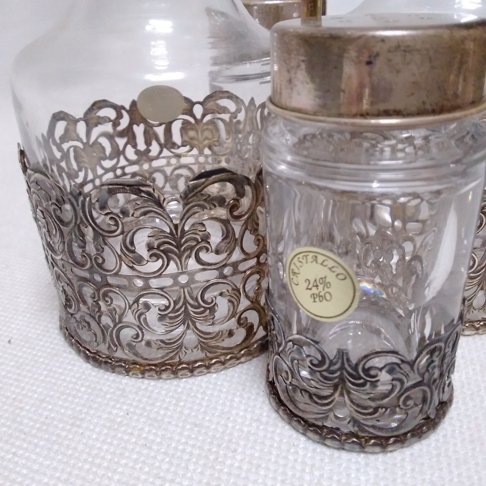 Italian 925 Cutout Sterling Silver and Fine Crystal Vessels Condiment Caddy