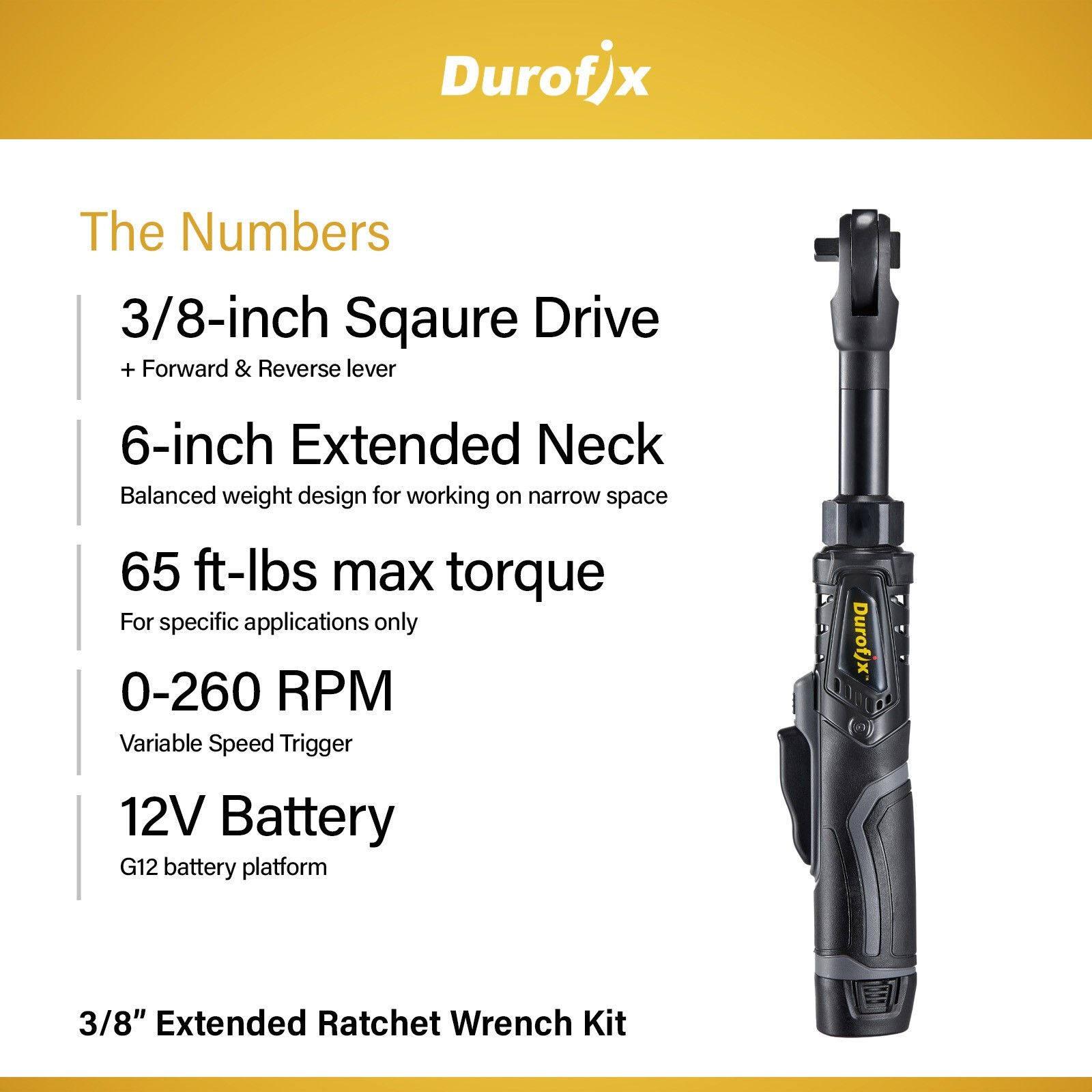 Durofix RW1216-3P G12 12V 3/8" 65 ft-lbs.Extended Reach Electric Ratchet Wrench