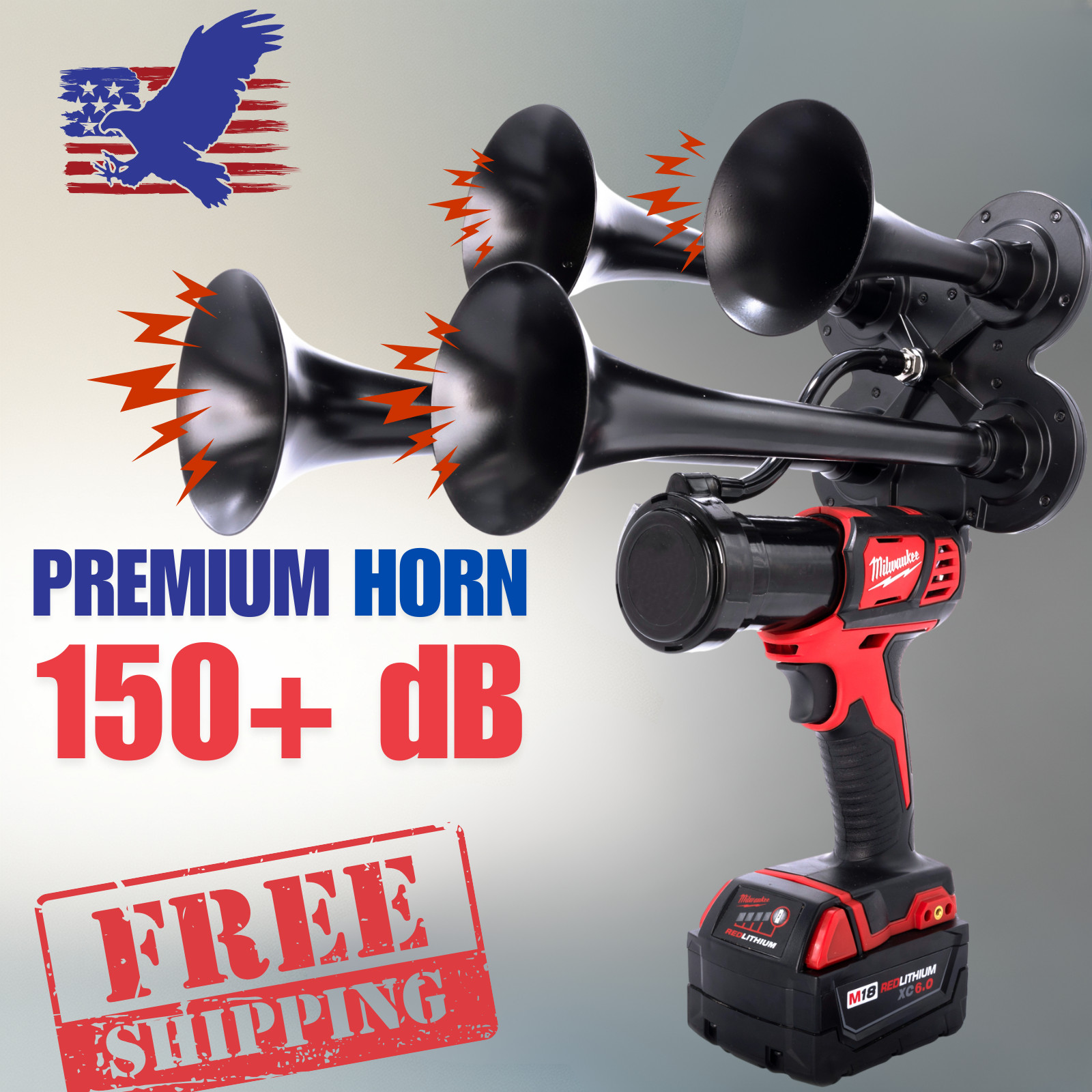 💥Milwaukee PREMIUM 18V impact Train Air Horn 4X QUADRUPLE  Loud Air Trumpet