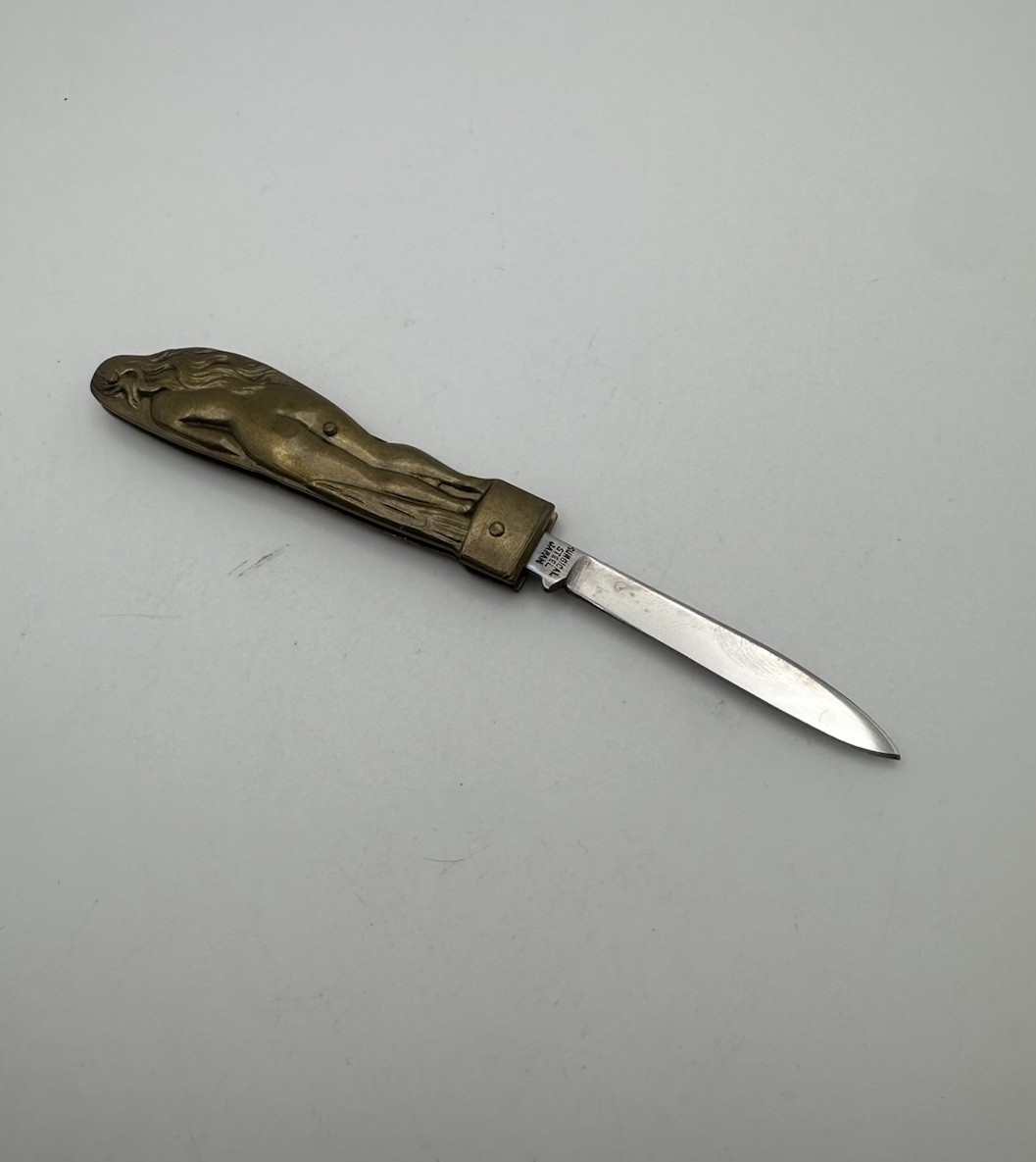 SMALL Vintage Parker Cut Co Pocket Knife Brass Nude Lady Figure JAPAN NOVELTY