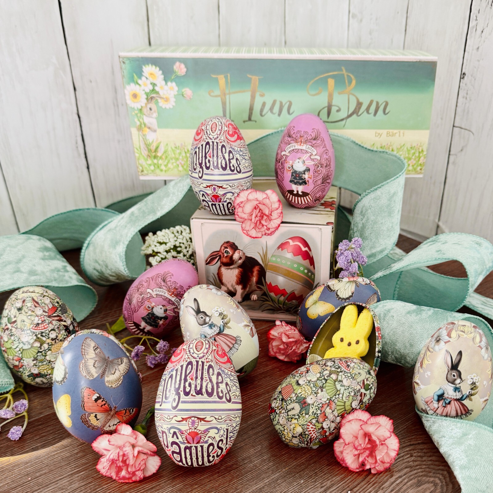 Set of Ten Fillable, Reusable Easter Egg Tins. Vintage Style Metal Easter Eggs