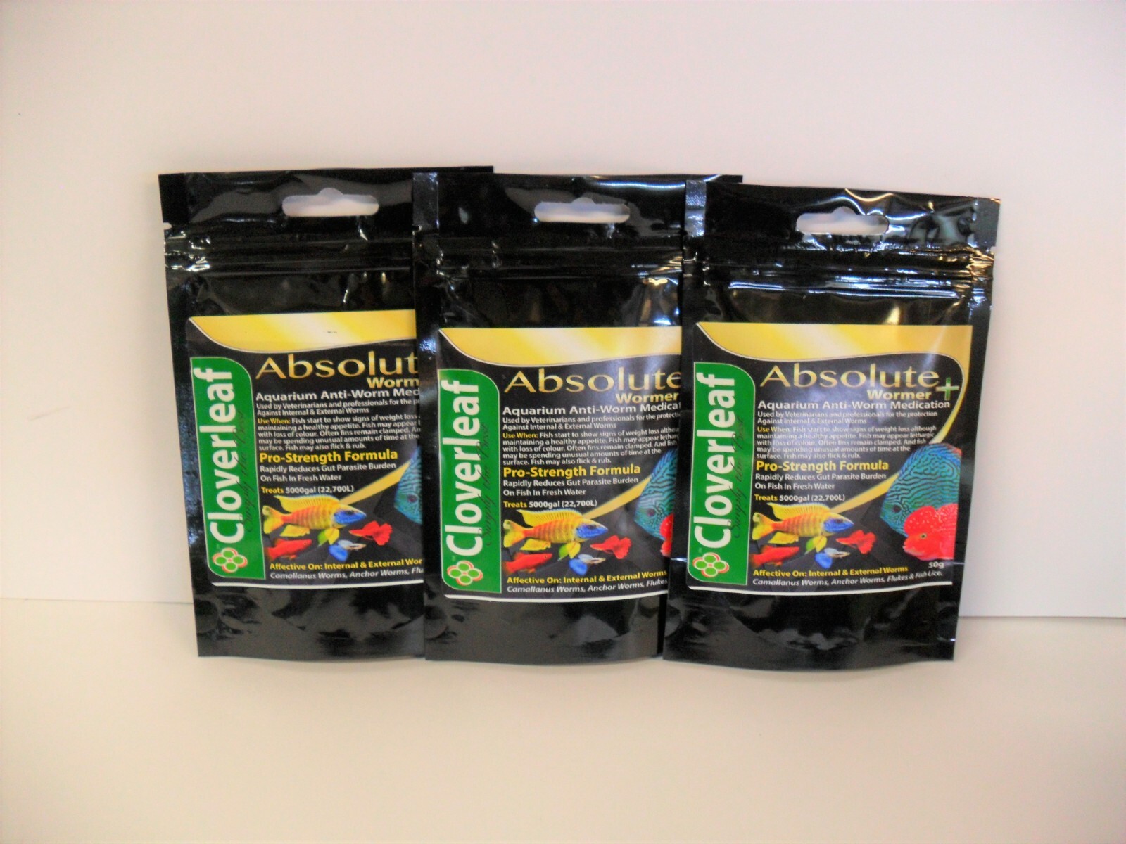 Cloverleaf Absolute Aquarium Fish Wormer + Plus. 5g, 20g & 50g packs