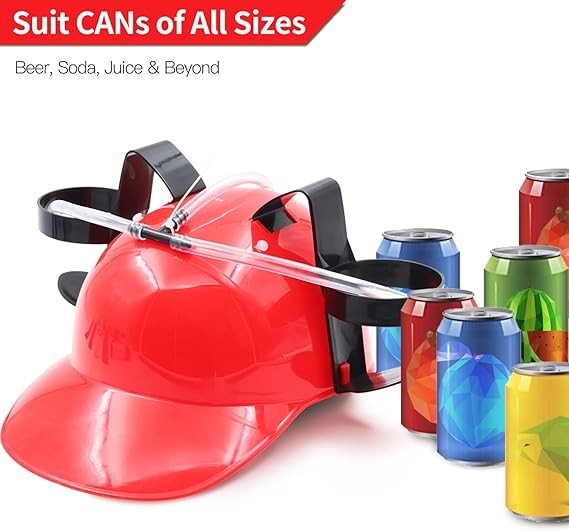 Drinking Helmet - Can Holder Drinker Hat Cap with Straw for Beer and Soda Red