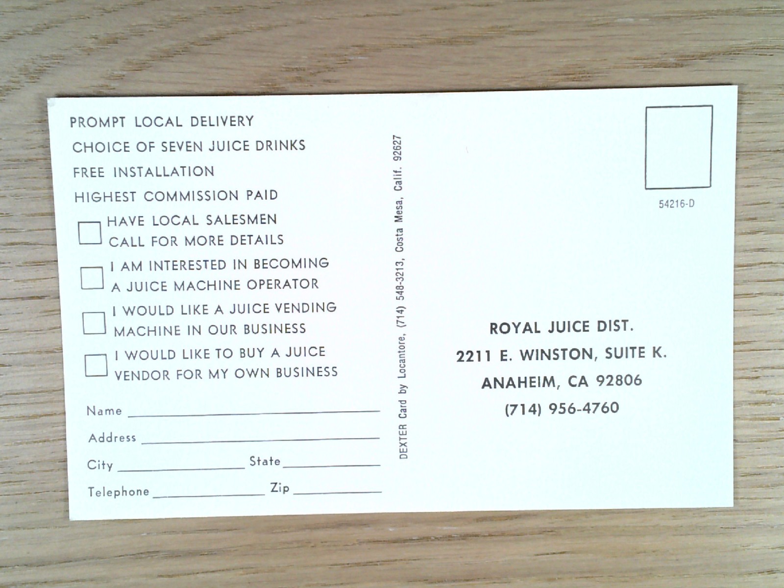 Vintage Royal Juice Dist. Vending Machine Advertising Postcard - Anaheim CA