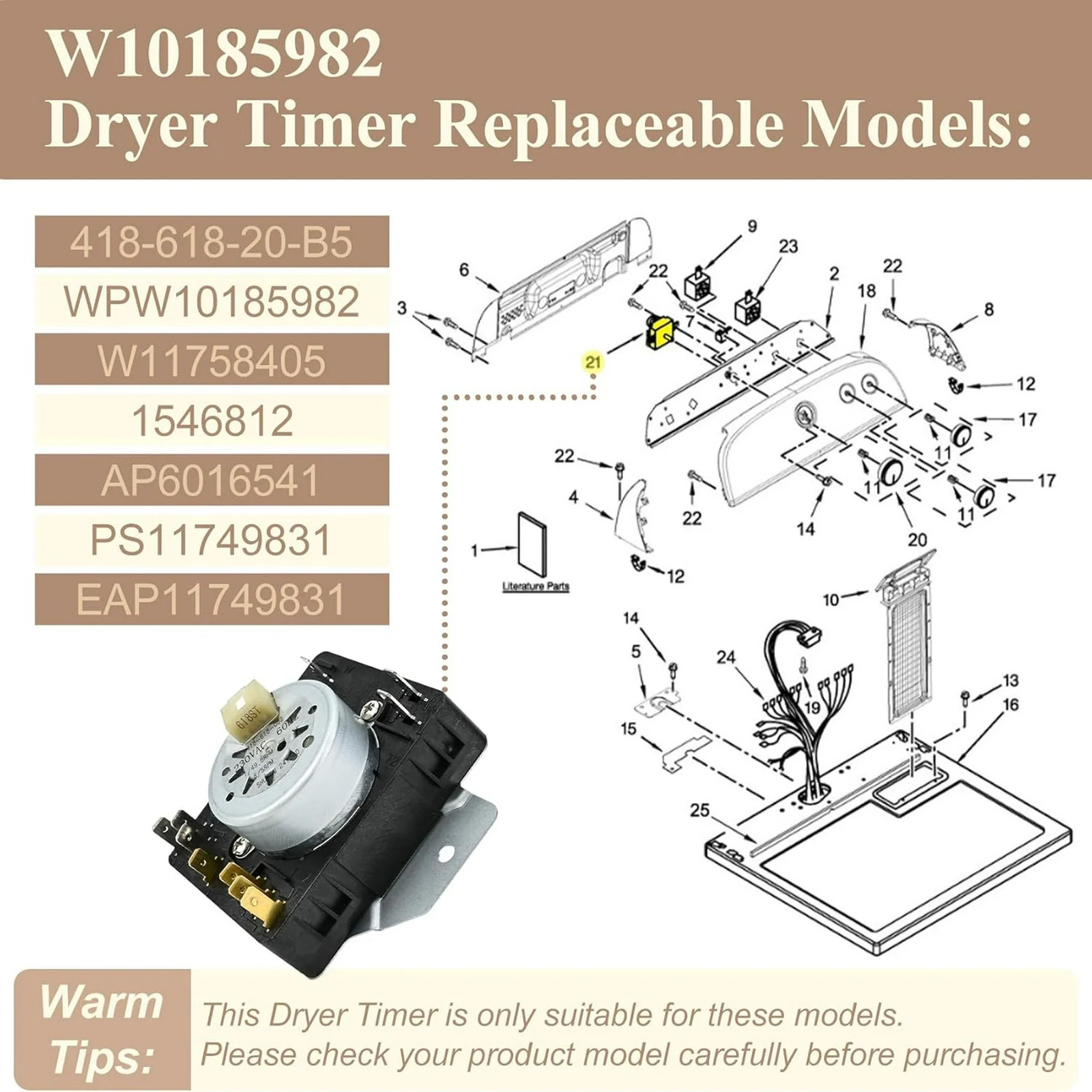 W10185982 WPW10185982 Dryer Timer for Whirlpool, Maytag WGD4800XQ0 WED4815EW1 US