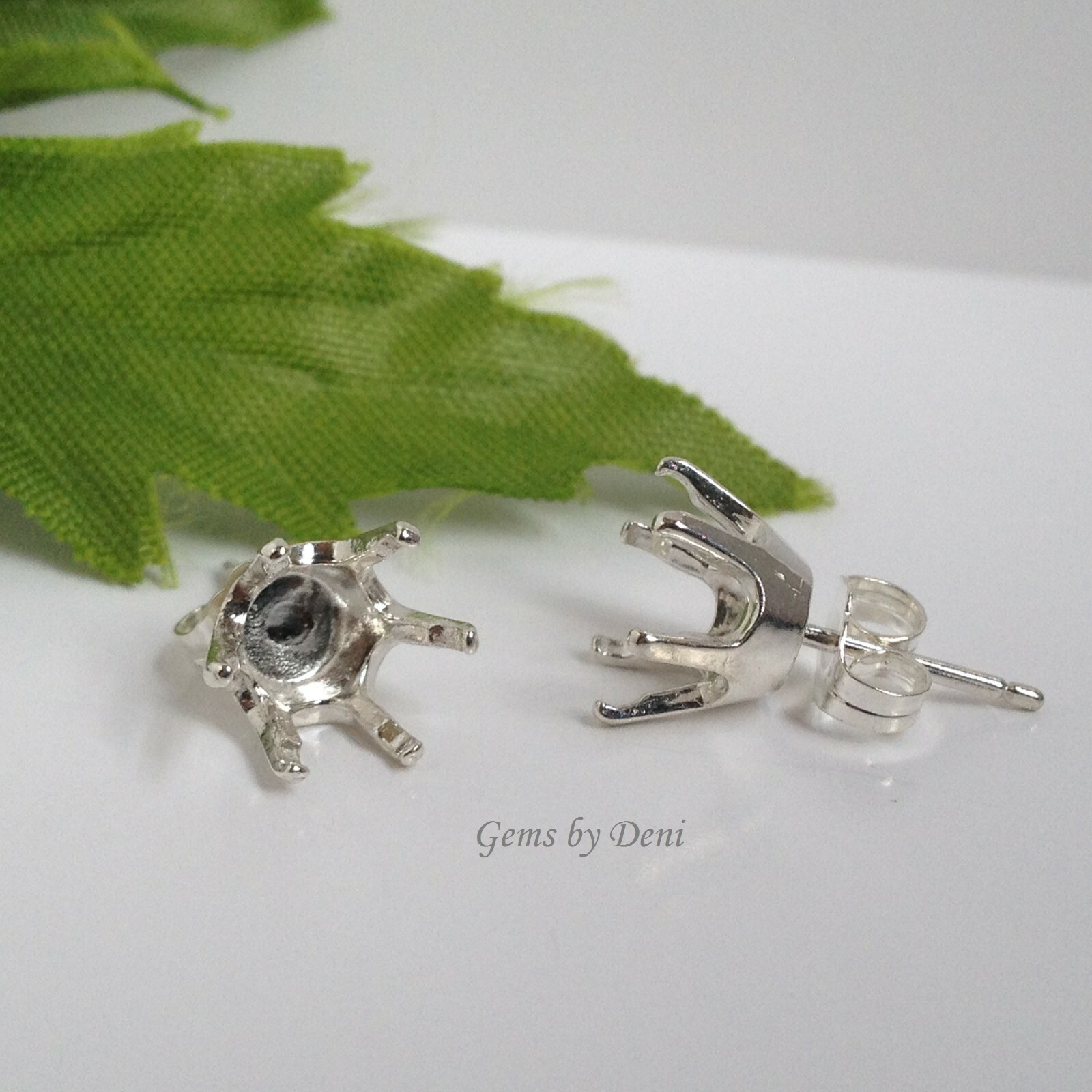 Two Round 6-Prong Solid Sterling Silver Pre-Notched Earring Settings (3mm-8mm)