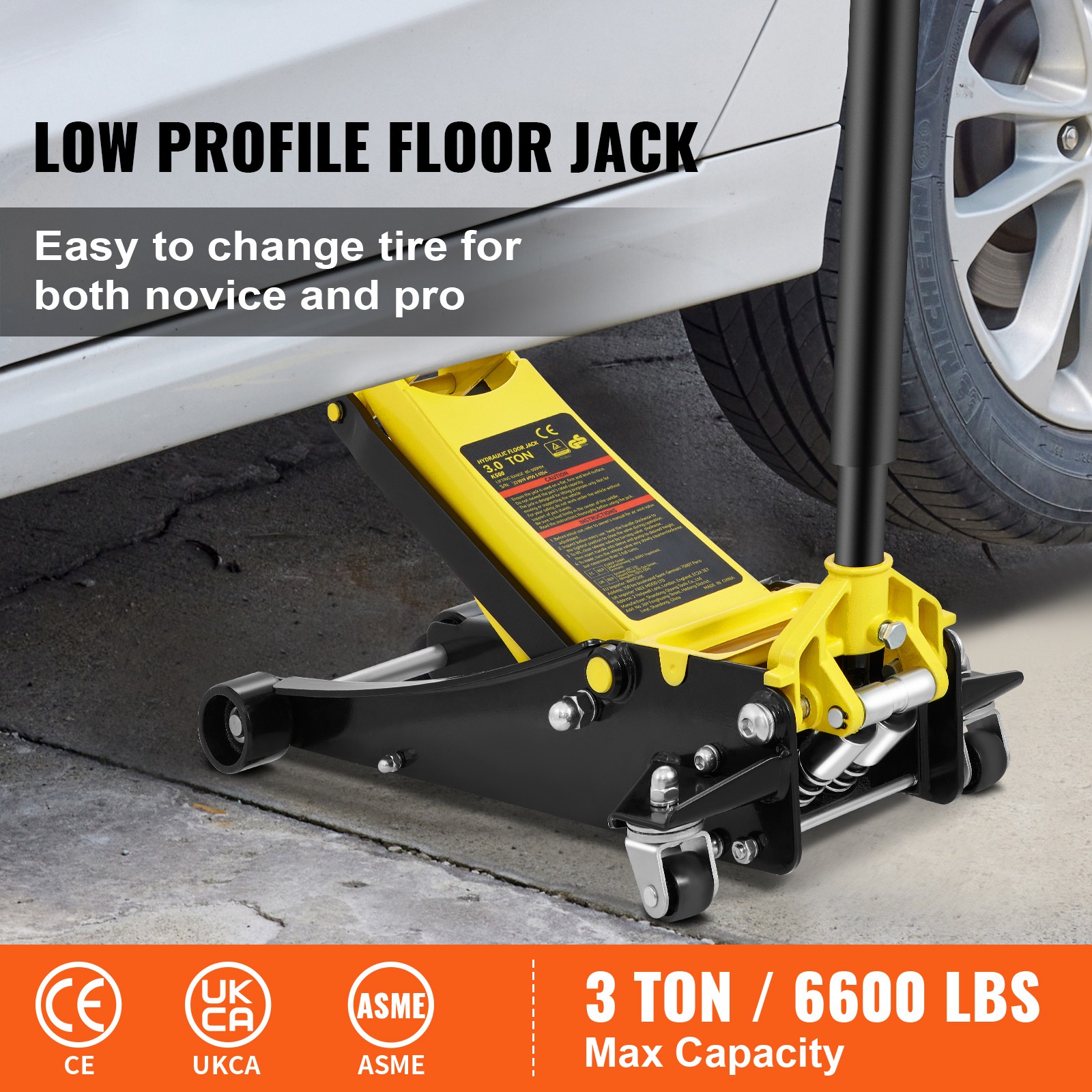 Low Profile Floor Jack 3 Ton Heavy Duty Steel Car Jack w/Dual Piston Rapid Pump