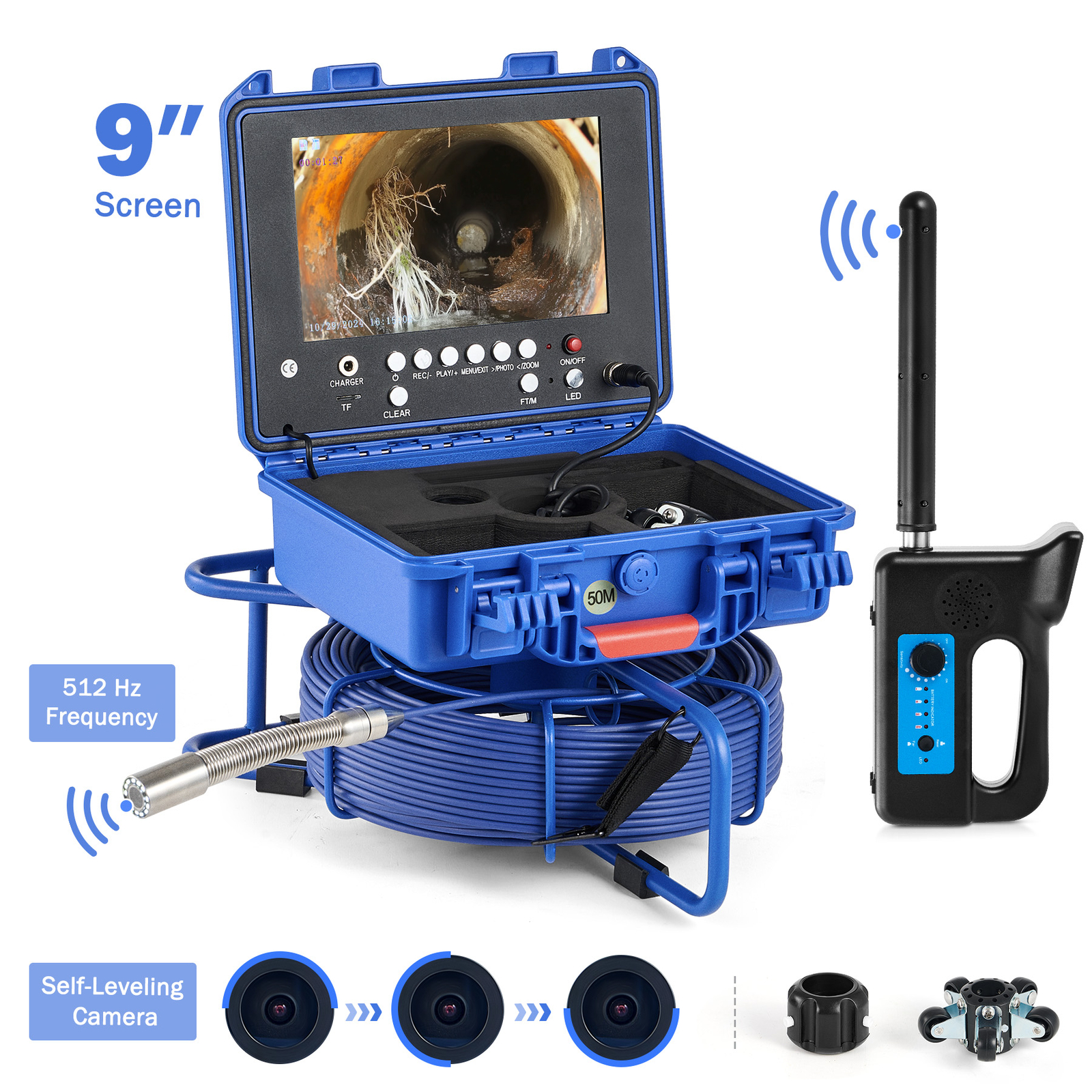9" Self-Leveling Sewer Camera 32GB w. Locator 164ft /50m Digital Length Counter