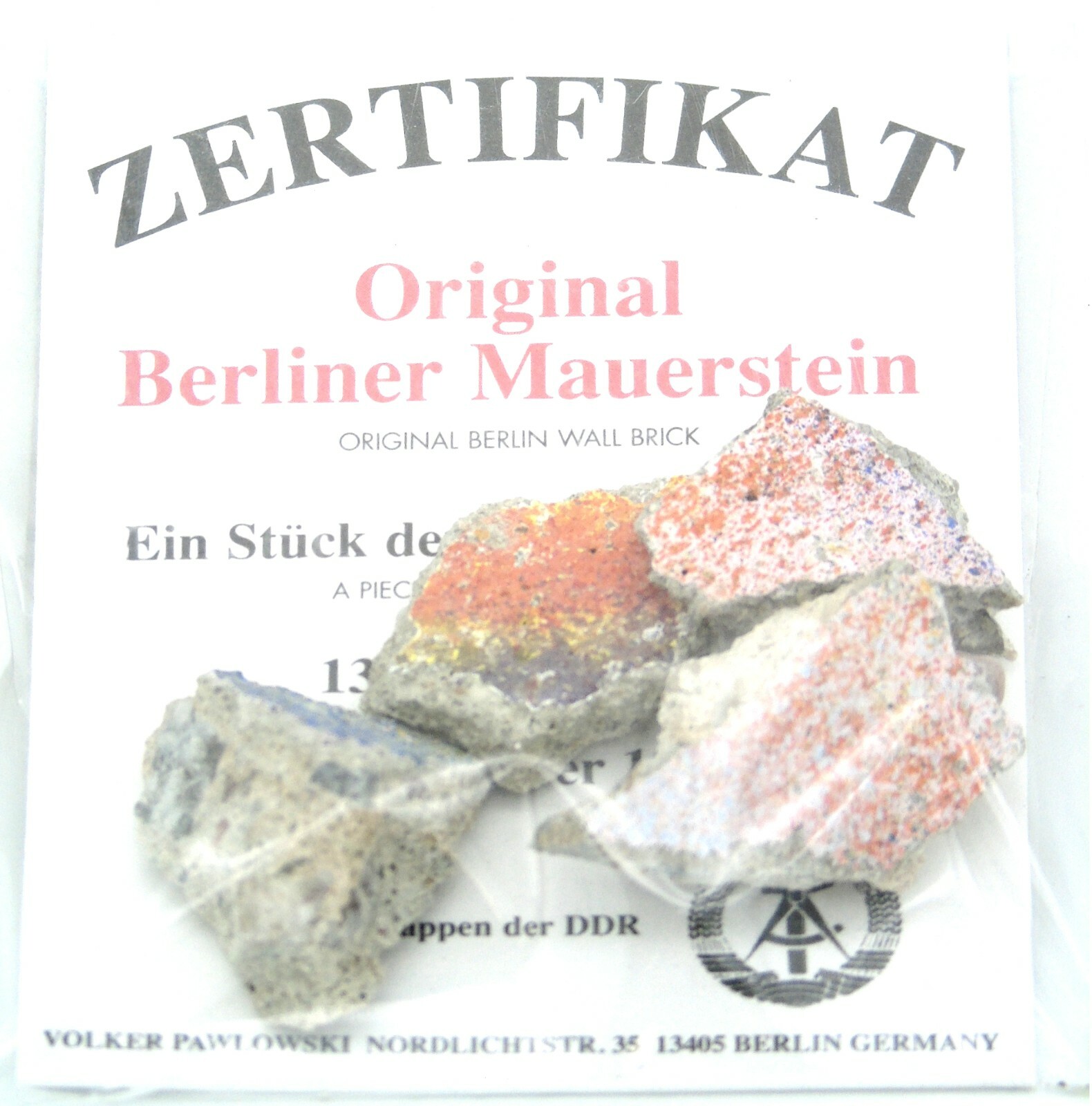 Real Piece of the BERLIN WALL with Certificate of Authenticity, Small