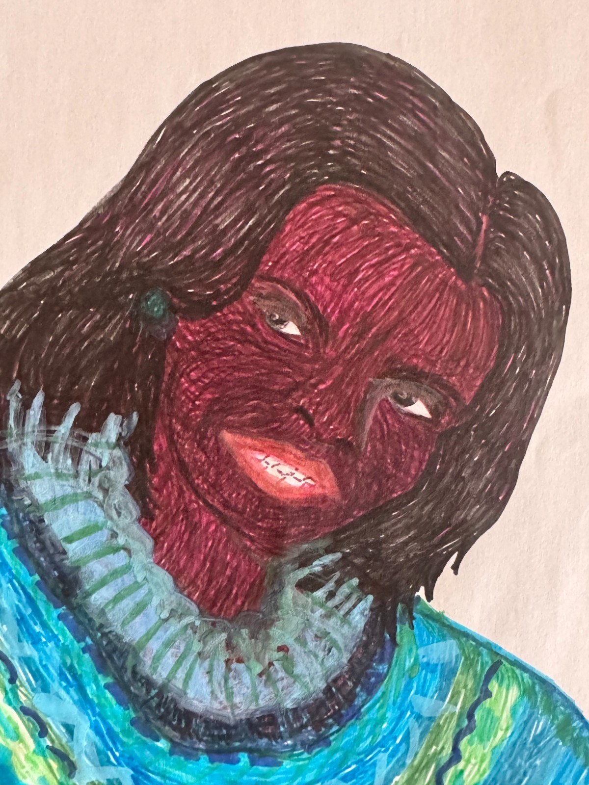 Original Young African-American Woman Pen Marker Portrait Drawing 9"x12"