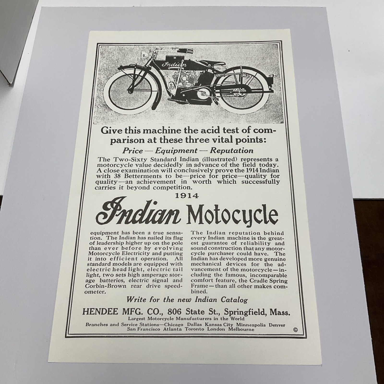 1914 Indian Motocycle Print Ad The Two-Sixty Standard Indian