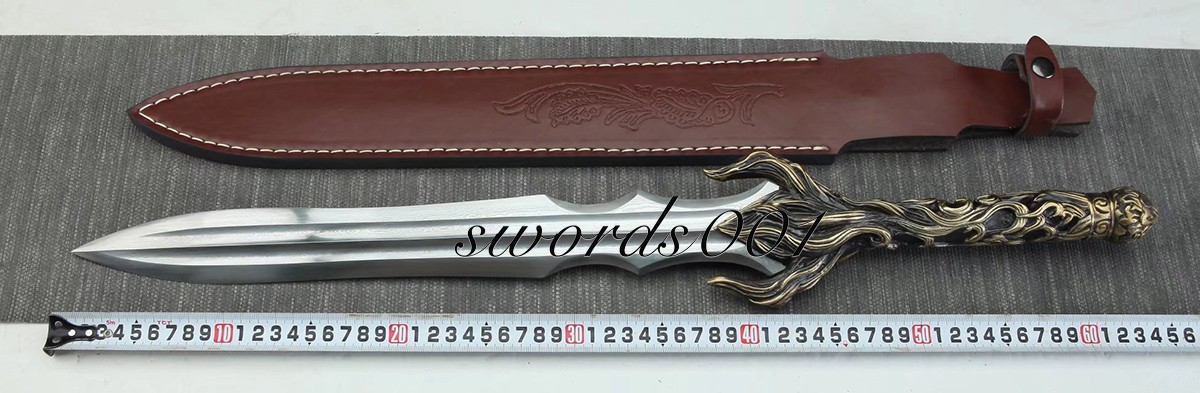 Handmade Exquisite Brass Handle Short Sword Damascus Steel Blade Leather Sheath