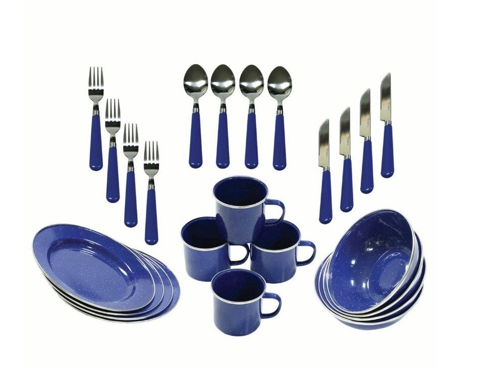 24 Piece Dinnerware Enamel Set Blue Camp Ready Ozark Trail New