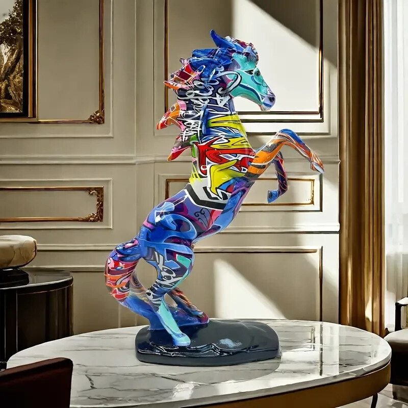 NEW Vibrant Multi Color Graffiti Standing Horse. Resin Figurine Statue 13hx9wx3d