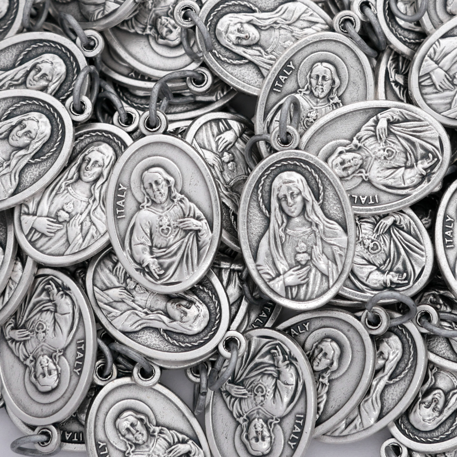 100 Sacred and Immaculate Heart Twin Hearts Bulk Silver-Plated Medals — Italy