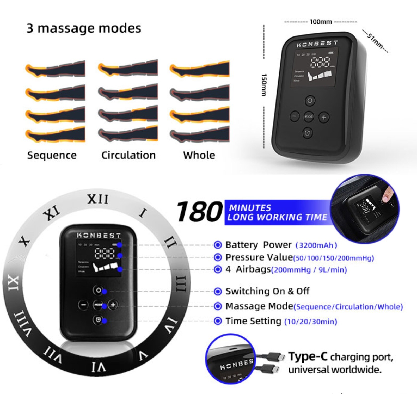 FULL Leg Massager 2 Portable Rechargeable Compression Circulation & Pain Relief