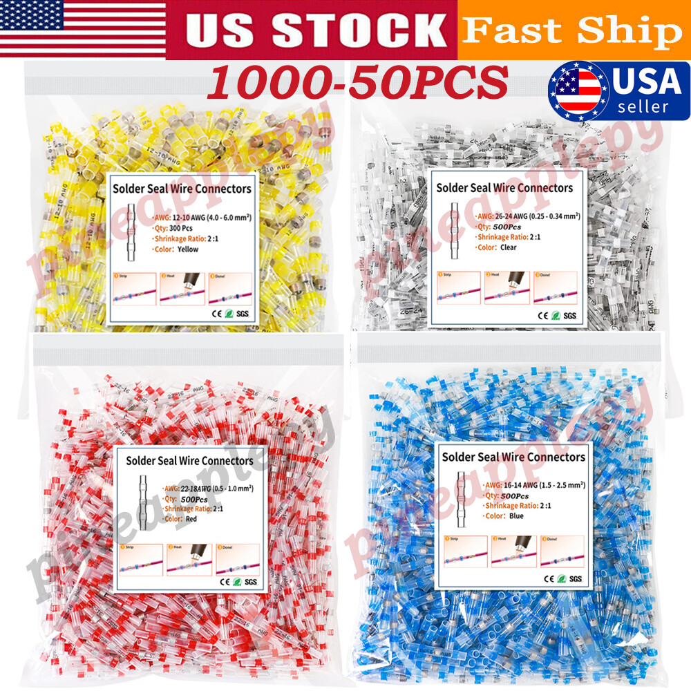 1000X Solder Seal Wire Connectors Butt Terminal Insulated Electrical Wire Splice