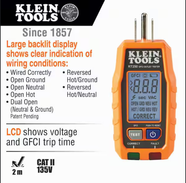 New !Klein Tools GFCI Electrical Outlet Tester with LCD Display, RT250