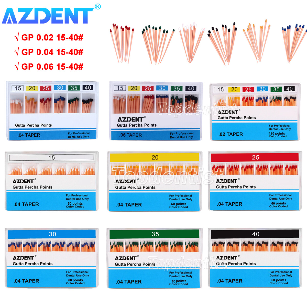 AZDENT Dental Endo Root Canal Gutta Percha Points Taper 0.02/0.04/0.06 15#-40#