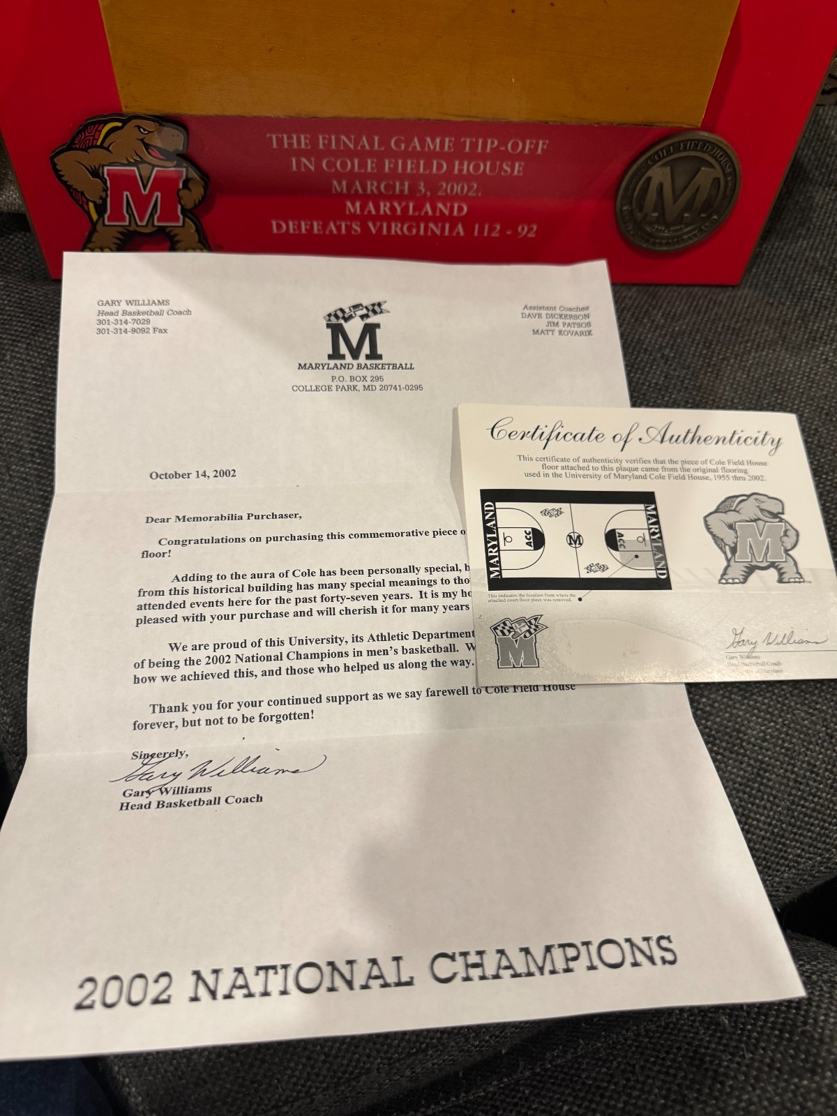 University Maryland Cole Field House - Piece of Actual Floor w/ COA