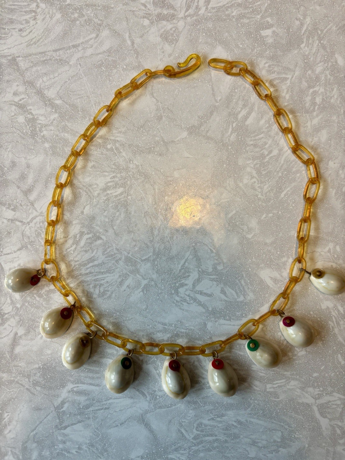 Vintage Apple Juice Bakelite Celluloid & Cowry Shell Necklace 17’ Chain