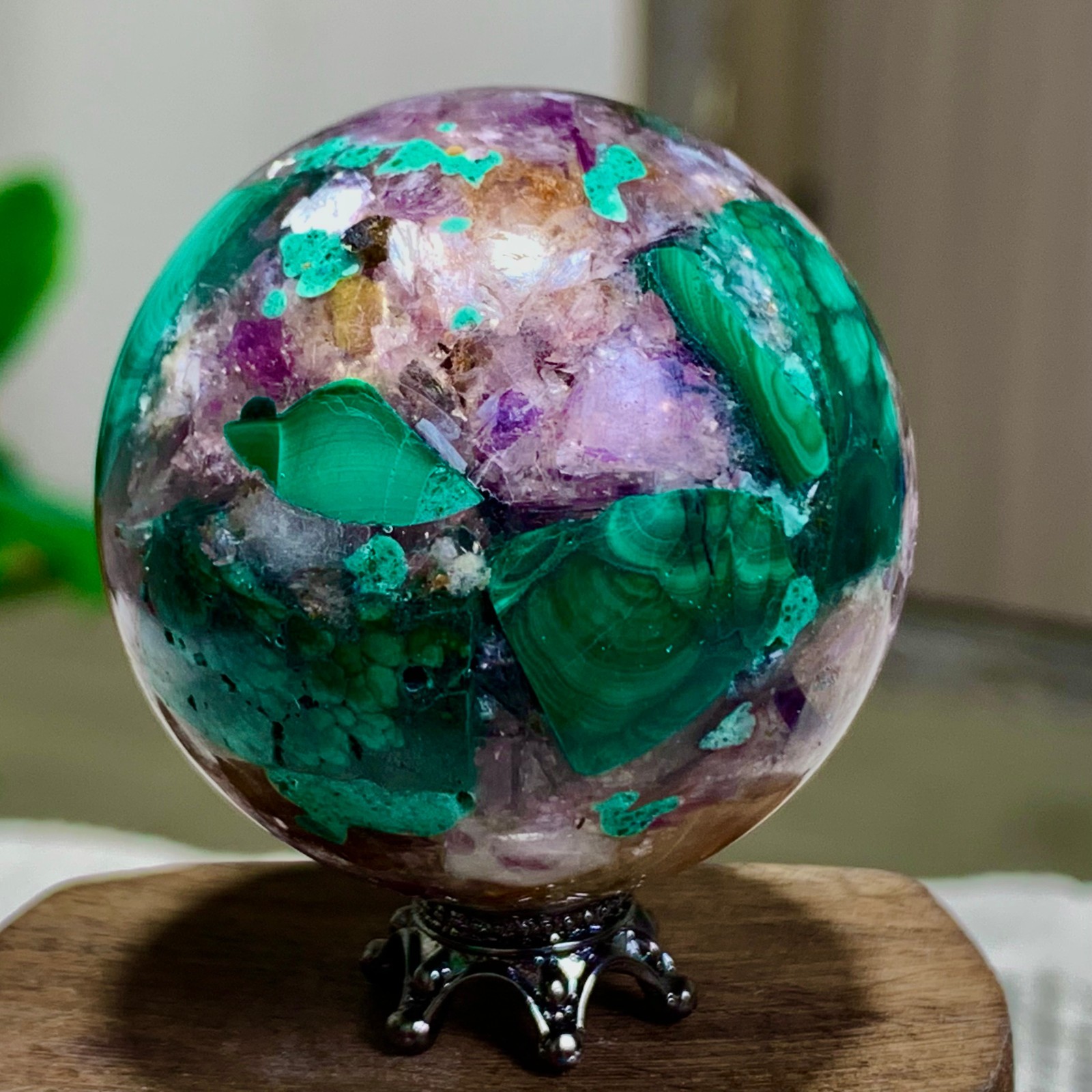 102G Newly discovered rare malachite purple mica symbiotic sphere restoration