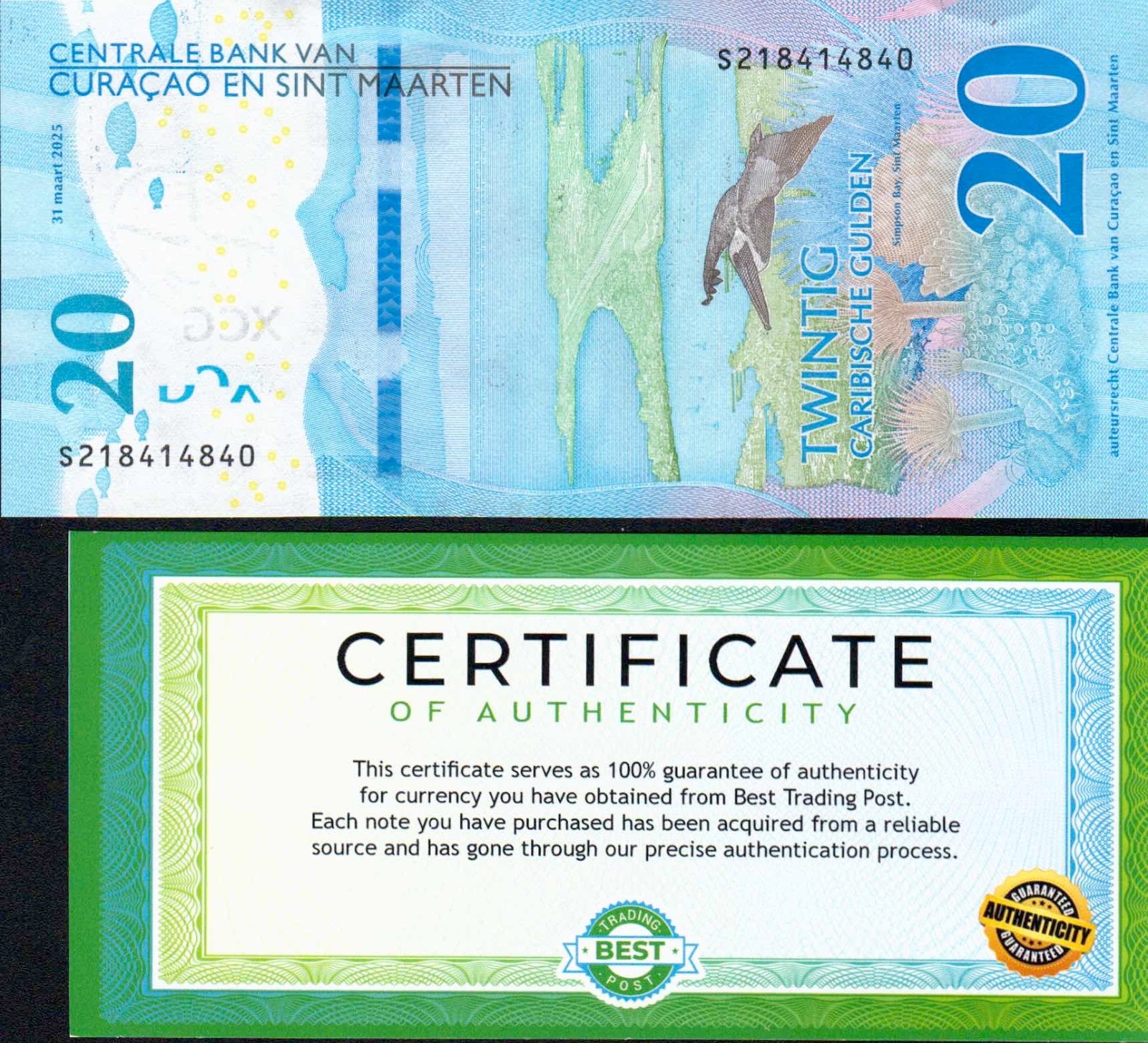 Curacao 20 Caribbean Guilder - 2025 QTY 1 note USA SELLER NEW NOTE COA