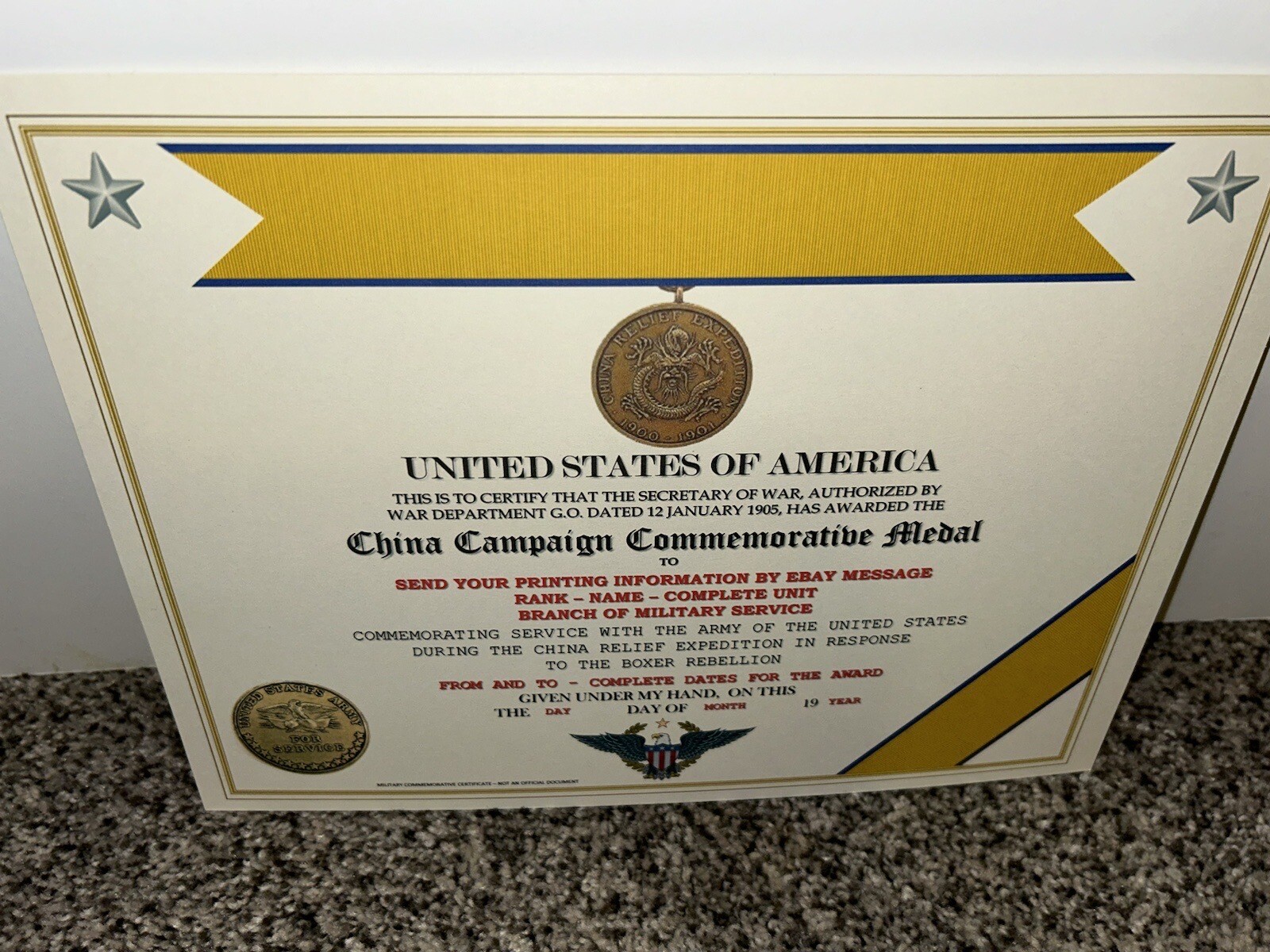 CHINA CAMPAIGN (ARMY) COMMEMORATIVE MEDAL CERTIFICATE ~ W/PRINTING TYPE-1