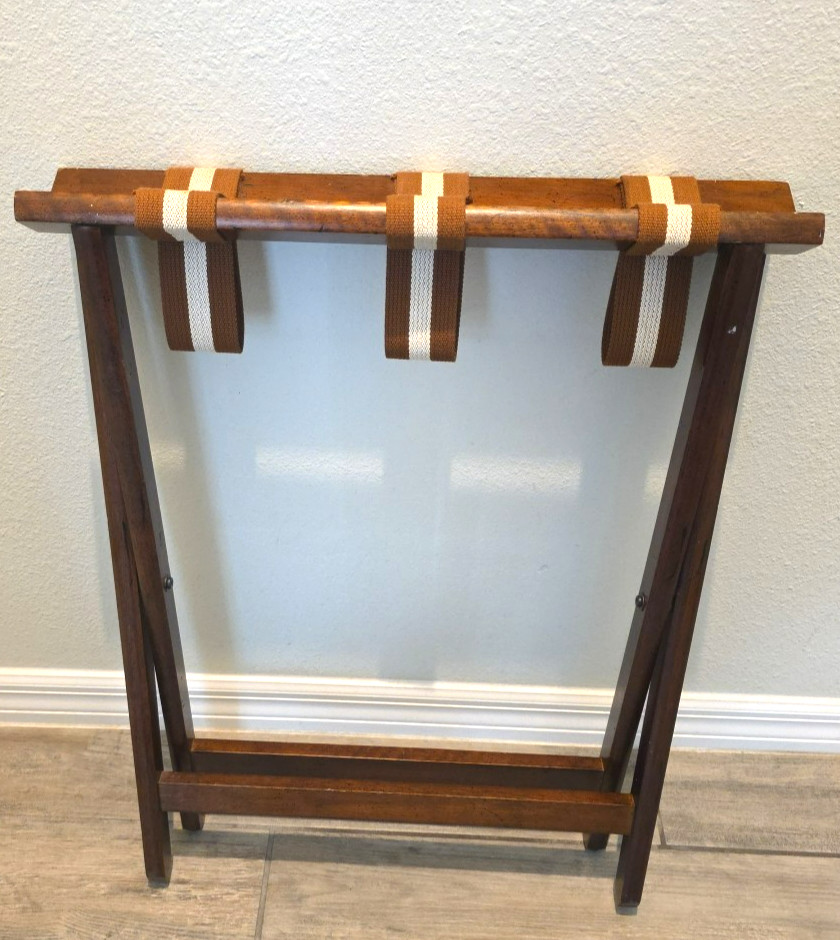 Vtg 1991 BOMBAY Folding Luggage Stand Suitcase Rack Wood Frame Striped Straps