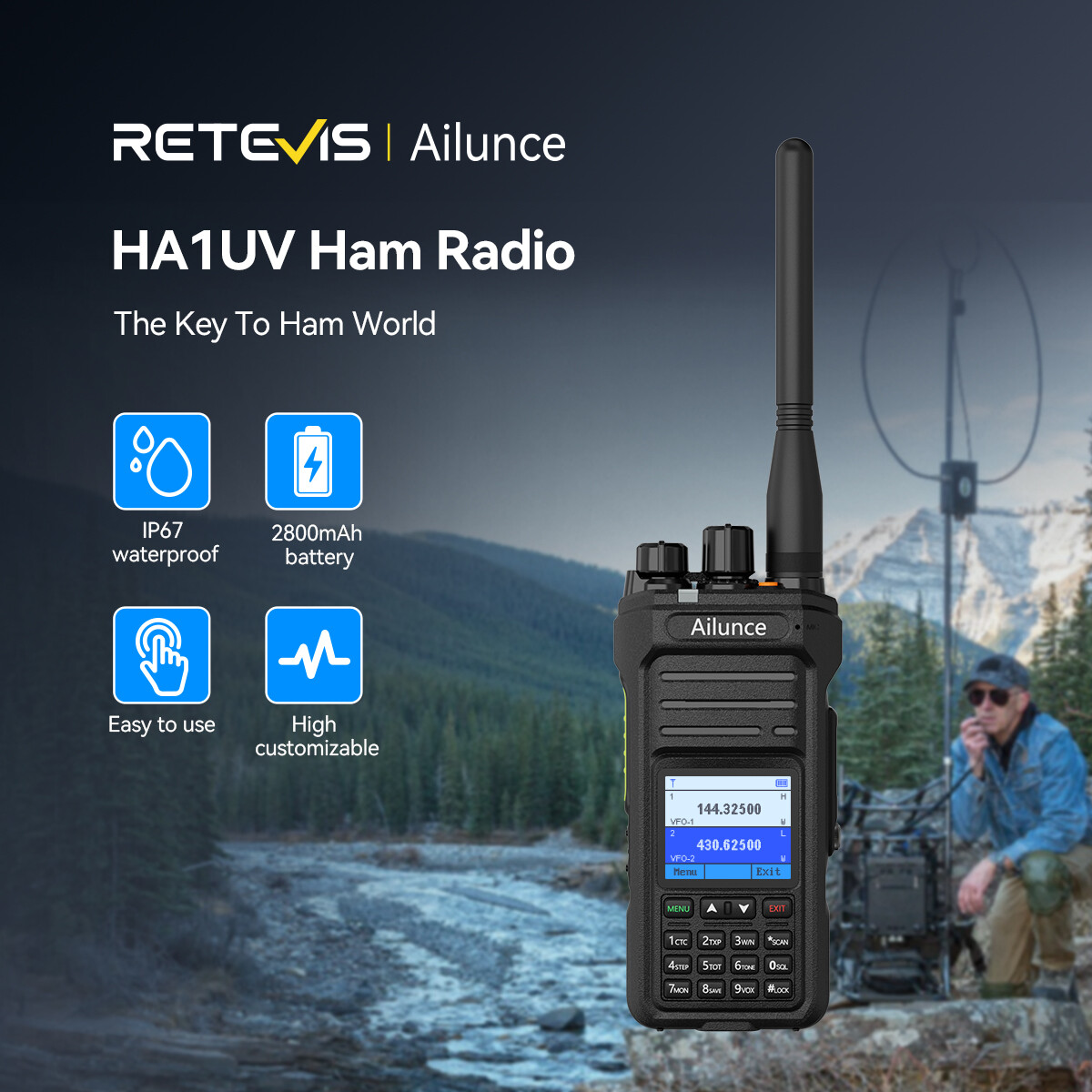 Retevis Ailunce HA1UV Ham Radio Dual Band IP67 2800mA NOAA USB-C Walkie Talkies