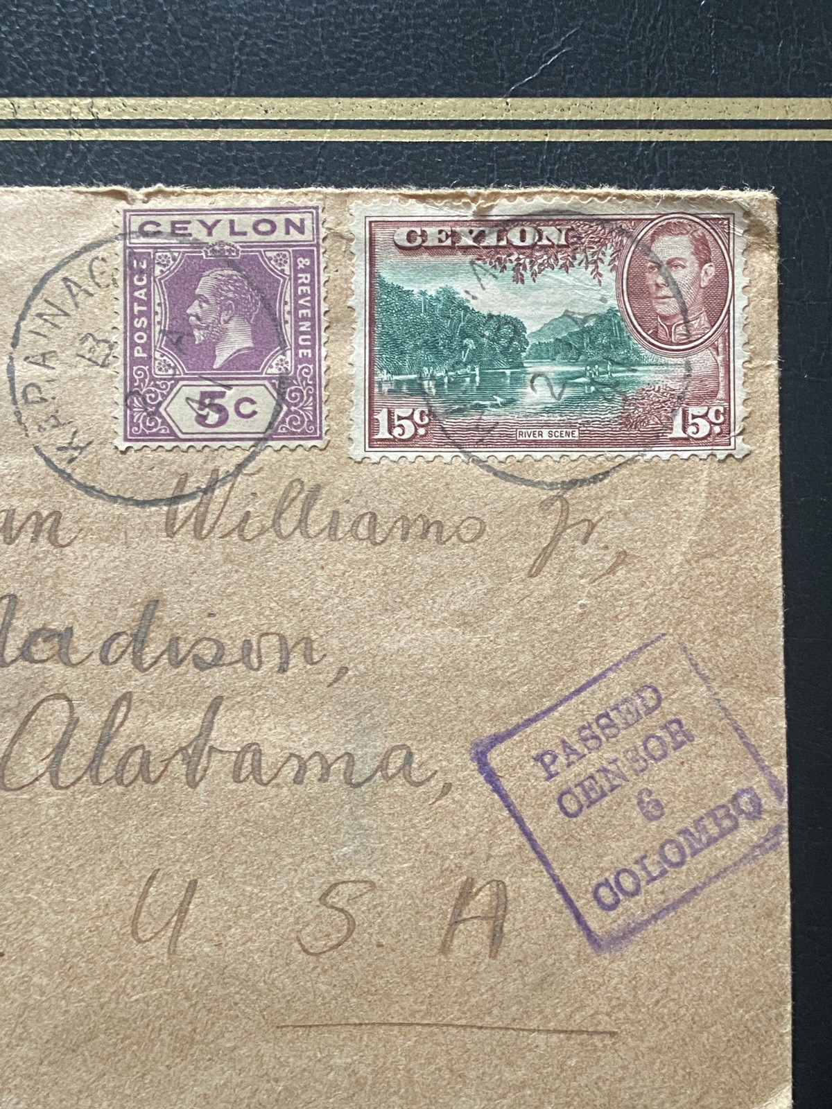 1941 CEYLON WWII Censor Cover to ALABAMA - TIED 5c WAR PURPOSES - KARAINAGAR H/S