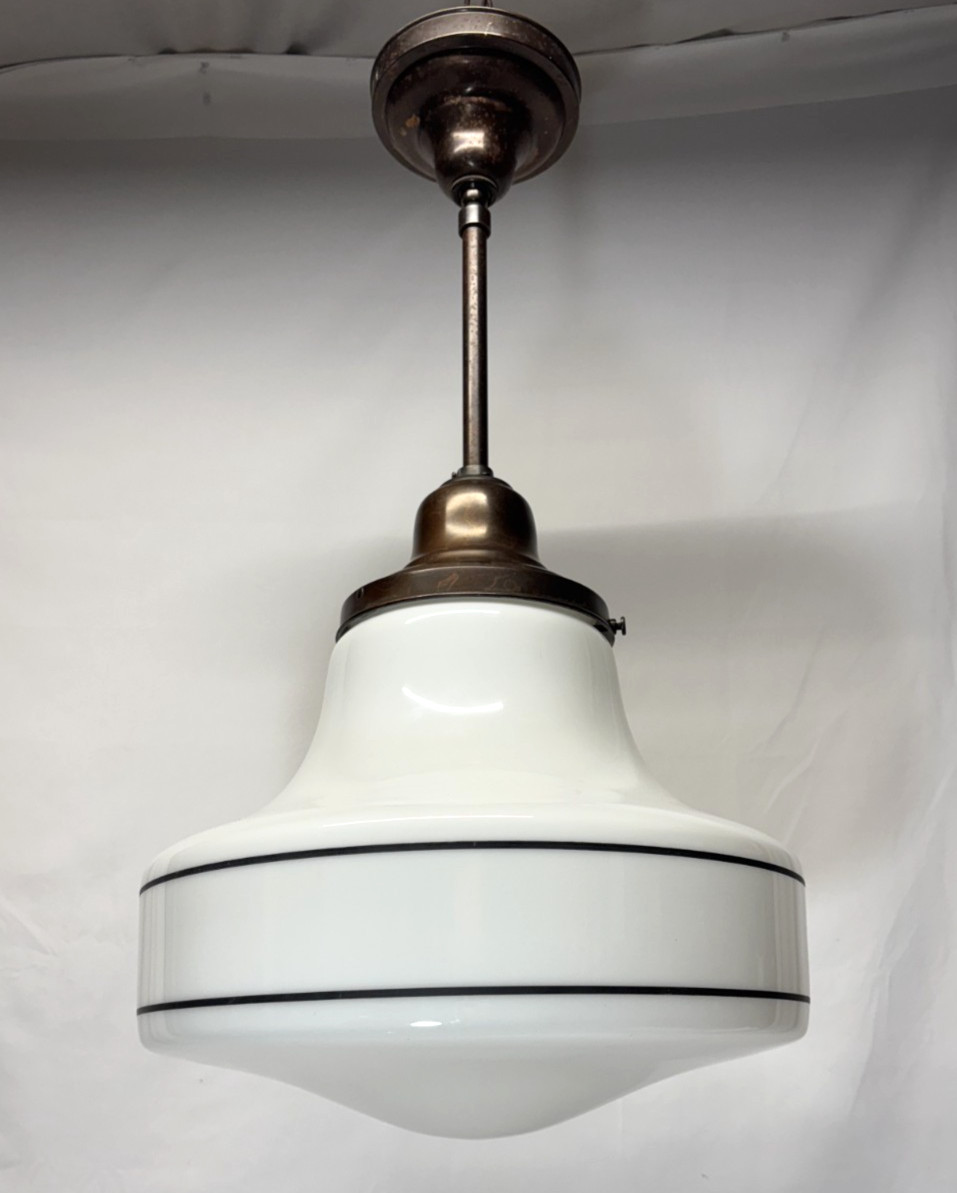 Schoolhouse Ceiling Light Fixture Vtg Art Glass Shade Black Stripes USA #L43