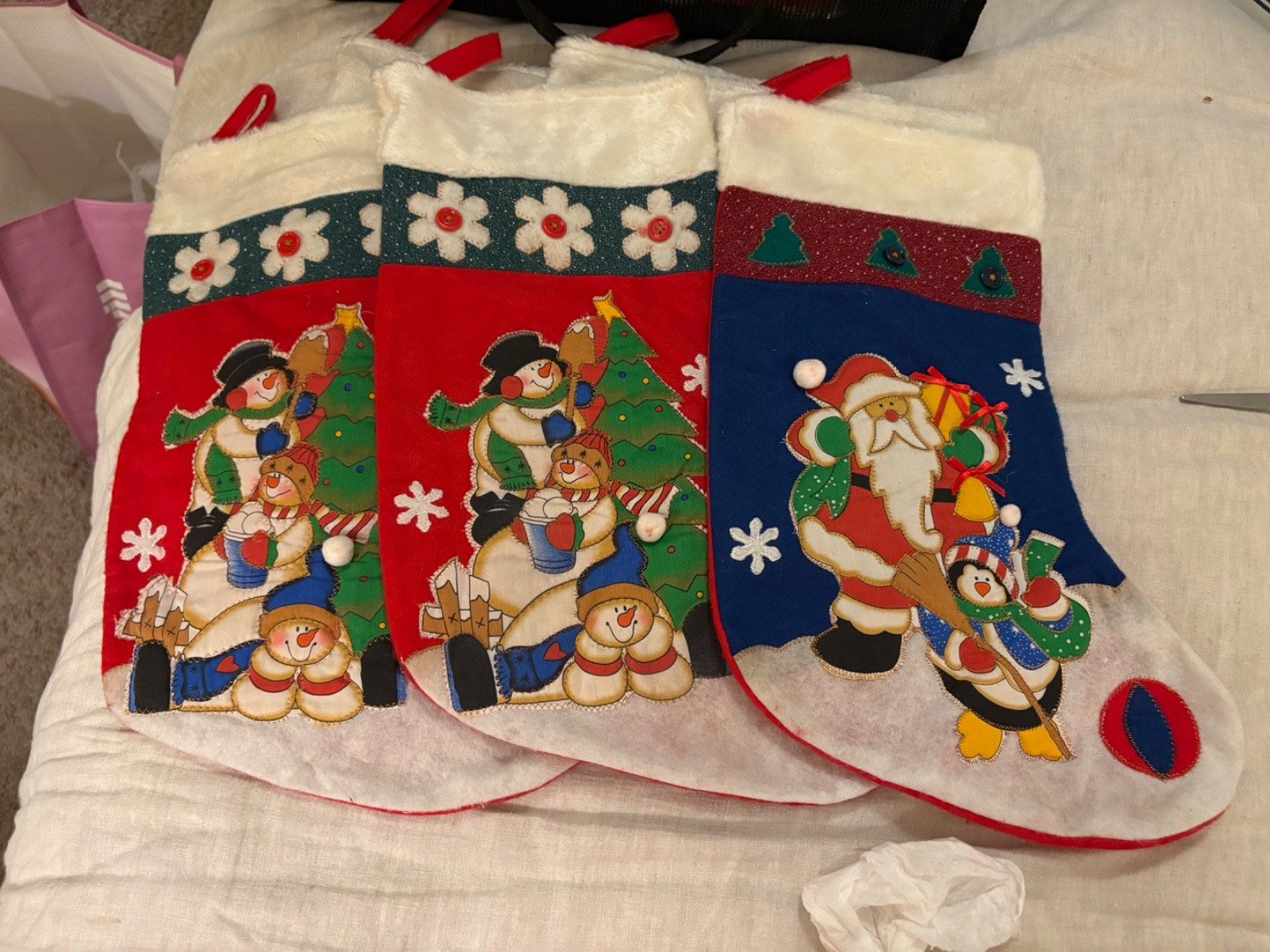 6 Vintage Handmade Felt Christmas Stocking Large 21.5x12.5 snowman